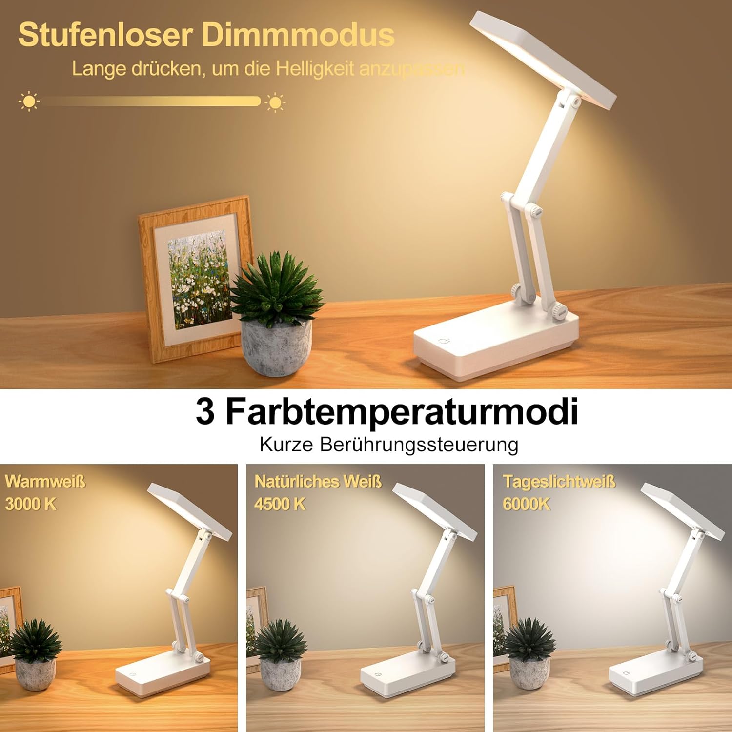 Suright LED-Tischlampe, kabellose Akku-Lampe, faltbare Touch-Schreibtischlampe, Nachttischlampe, dimmbare Tischlampe mit 3 Lichtmodi, wiederaufladbare USB-Schreibtischleuchte für Schlafzimmer, Lesen, Lernen – Bild 2