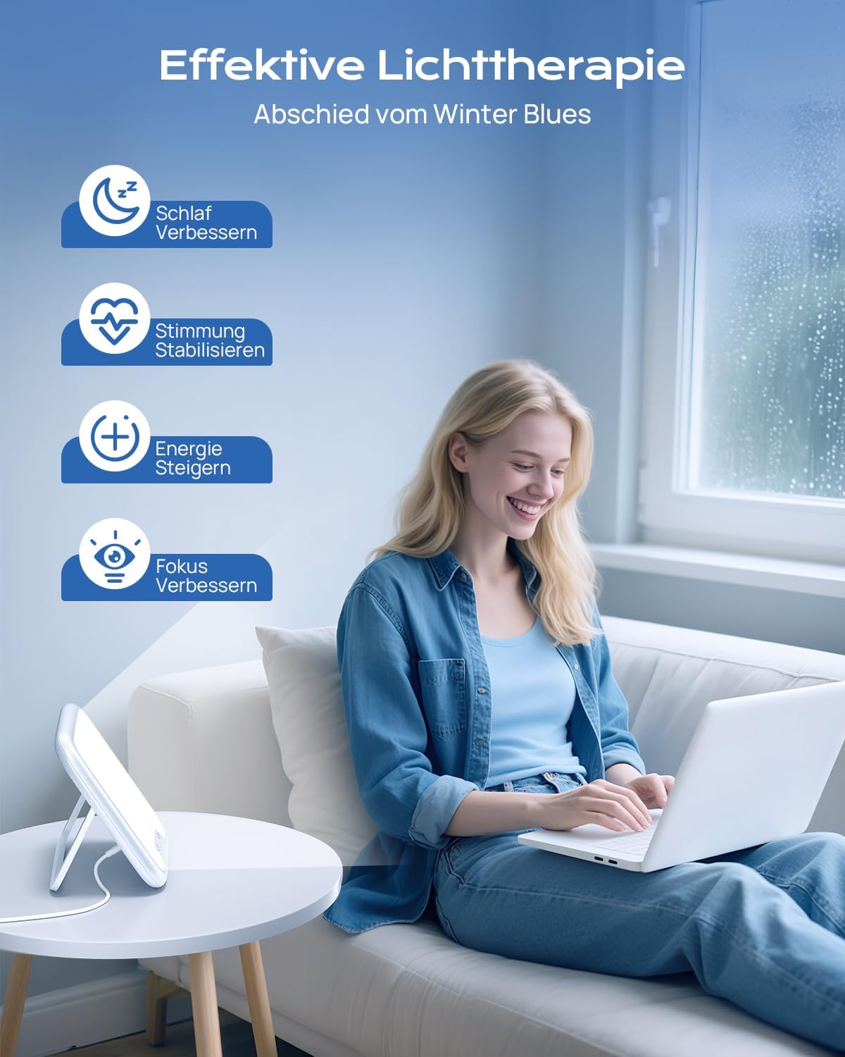 Tageslichtlampe, Tageslichtlampe, 10.000 Lux UV-freie Sonnenlichtlampe gegen Depression, Lichttherapielampe mit Memory-Funktion, 4 Timer, Touch-Steuerung, stufenlose Helligkeit, faltbare Halterung – Bild 4
