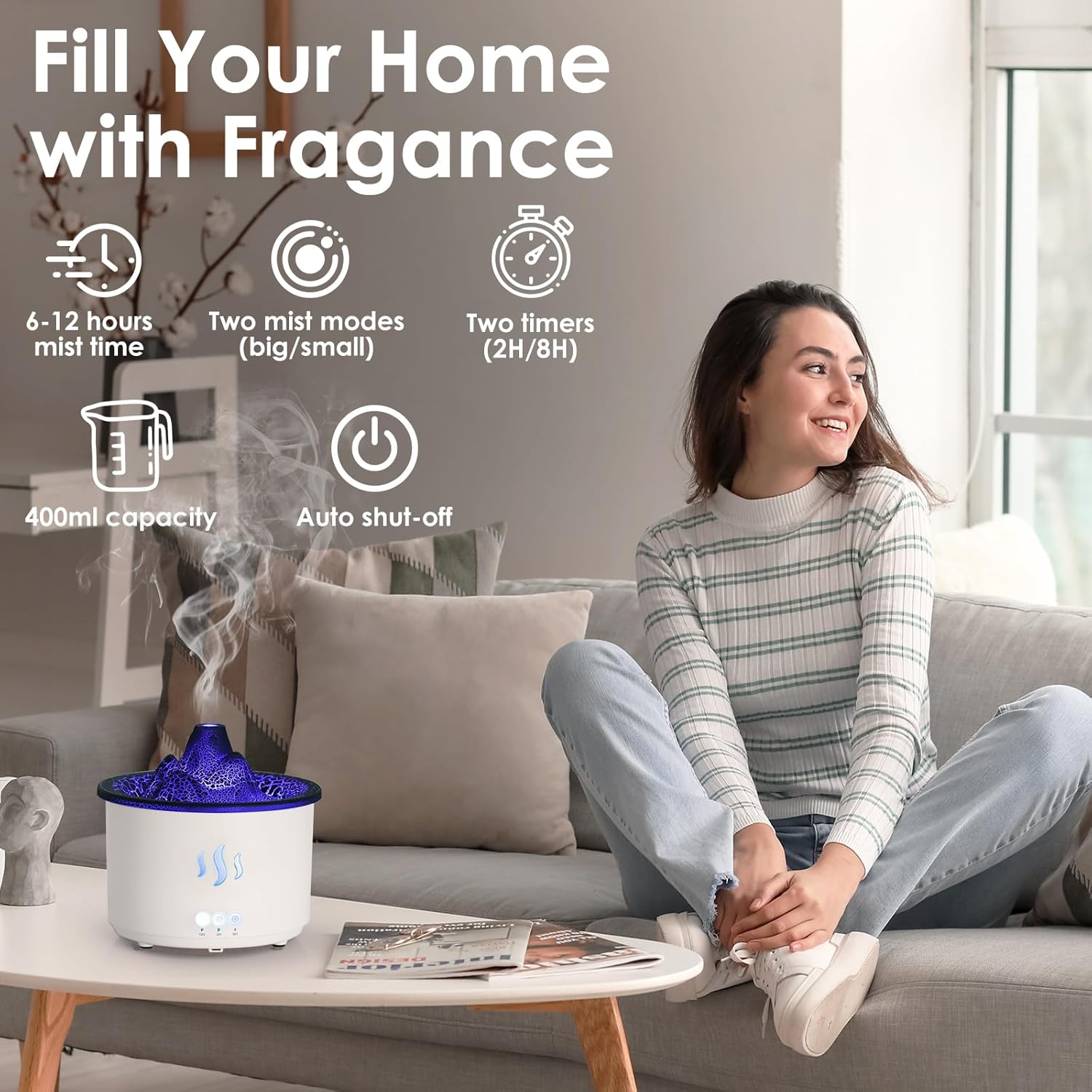 Simpeak 400 ml Aromadiffusor für Duftöle, Ultraschall-Raumdiffusor Holz für ätherische Öle mit LED-Licht, Aromatherapie-Düfte Luftbefeuchter mit Fernbedienung für Wohnzimmer, Büro, Spa, Weiß – Bild 3