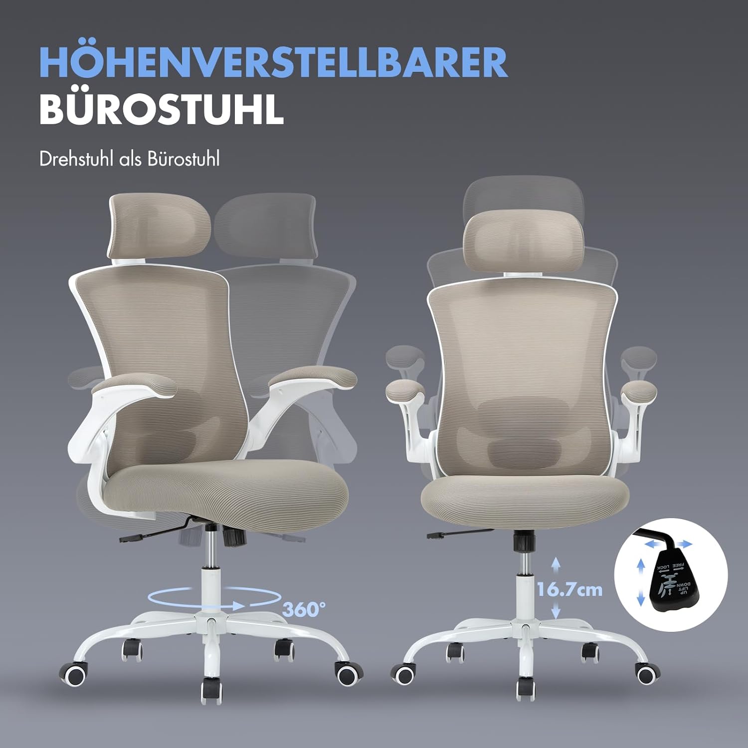 COLAMY Bürostuhl, Netz-Computerstuhl mit verstellbarer Kopfstütze und Lordosenstütze, ergonomischer Arbeitsstuhl mit hochklappbarer Armlehne, 140°-Wippfunktion, Khaki – Bild 6