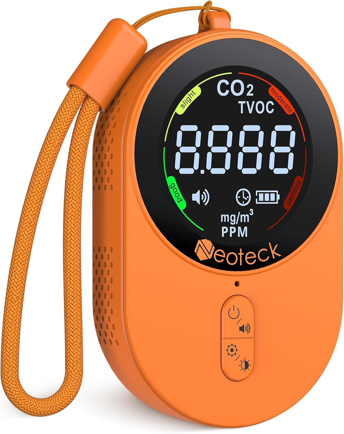 Neoteck Tragbarer CO2-Detektor, Mini-Kohlendioxidsensor mit akustischem und optischem Alarm, wiederaufladbarer 2-in-1-CO2-Monitor 0–5000 PPM für Camping, Abenteuer, Zuhause, Hotel
