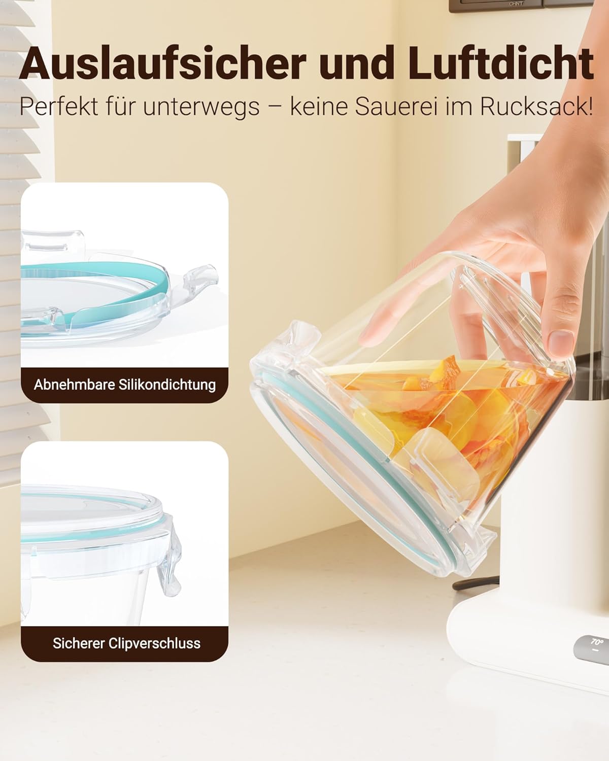 Glasbehälter mit Deckel, 650 ml, rundes Borosilikatglas, 4er-Set, auslaufsicher und BPA-frei, Meal-Prep-Gläser und Glasschüssel, Suppenbehälter, mikrowellen- und spülmaschinenfest – Bild 5