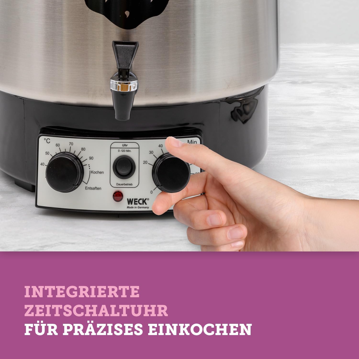 WECK WAT25-A Einkochautomat aus Edelstahl mit Präzisionsthermostat, Auslaufhahn & Timer – 30 L Einkochtopf, Glühweinkocher, Dampfentsafter, Einkochautomat – Made in Germany, hochwertig & vielseitig einsetzbar – Bild 4