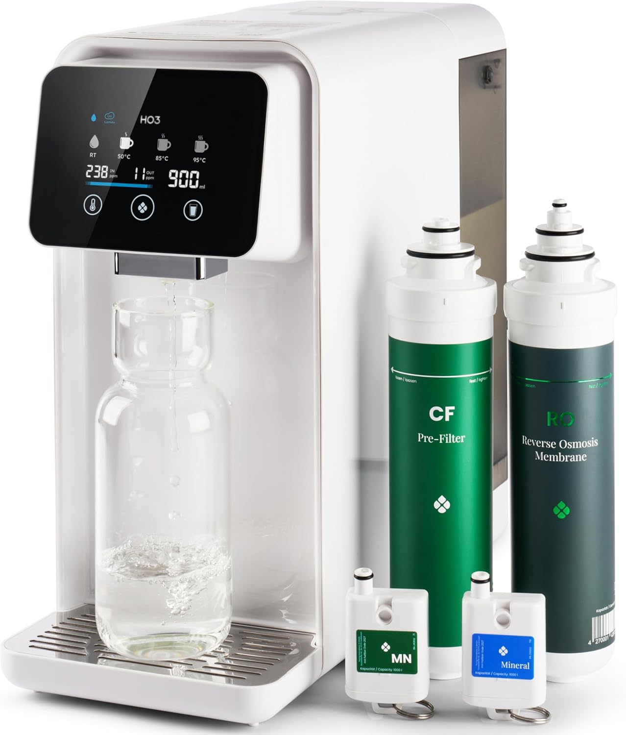 HO3 Home One Tisch-Osmoseanlage für Trinkwasser mit 4 Temperaturstufen (RT, 50, 85, 95 °C), 10 Stufen Wasserausstoß, mit Echtzeit-TDS, 8-stufiger Filterung und doppeltem Luma UV, Wasserfilter (weiß)