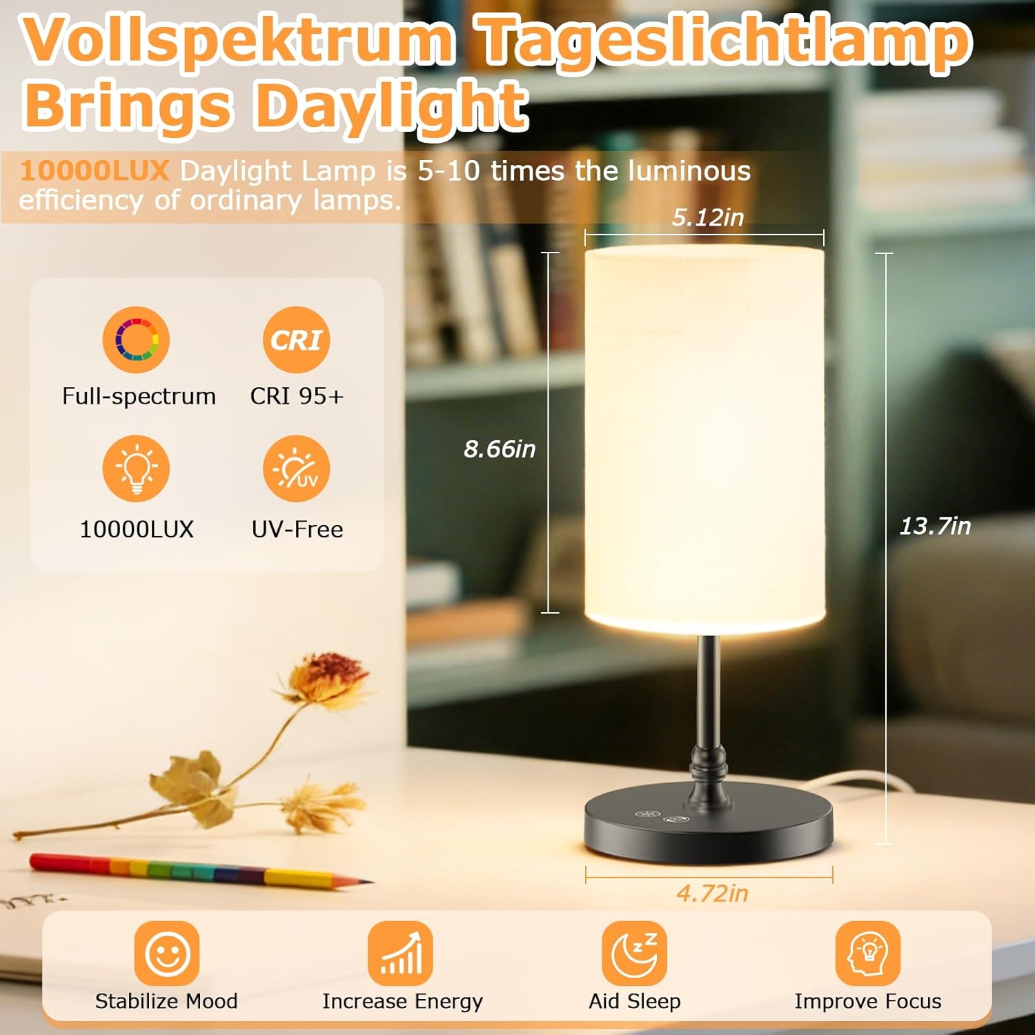 12000 Lux Tageslichtlampe mit Fernbedienung, CRI95 Vollspektrumlampe, dimmbar mit Timer & Speicher, UV-frei, 360° Rundumlicht, Lichttherapielampe für Zuhause & Büro, Energieklasse D, Schwarz – Bild 2