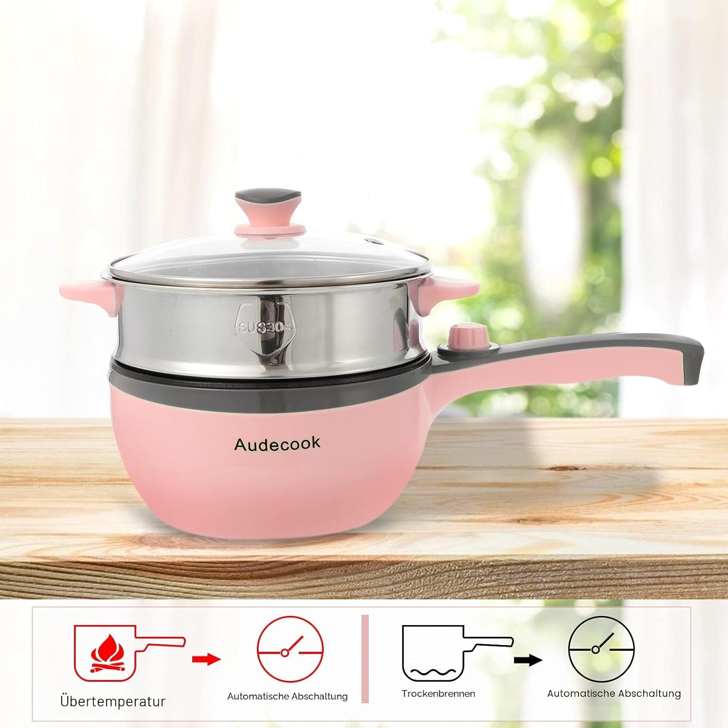 Audecook Elektrischer Hot Pot mit Dampfgarer, 1,5 l/20 cm elektrische Bratpfanne, Hotpot-Topf, antihaftbeschichtete Mini-Elektropfanne, Multikocher für Dorm Ramen, Steak (C (Rosa/1,5 l mit Dampfgarer)) – Bild 4