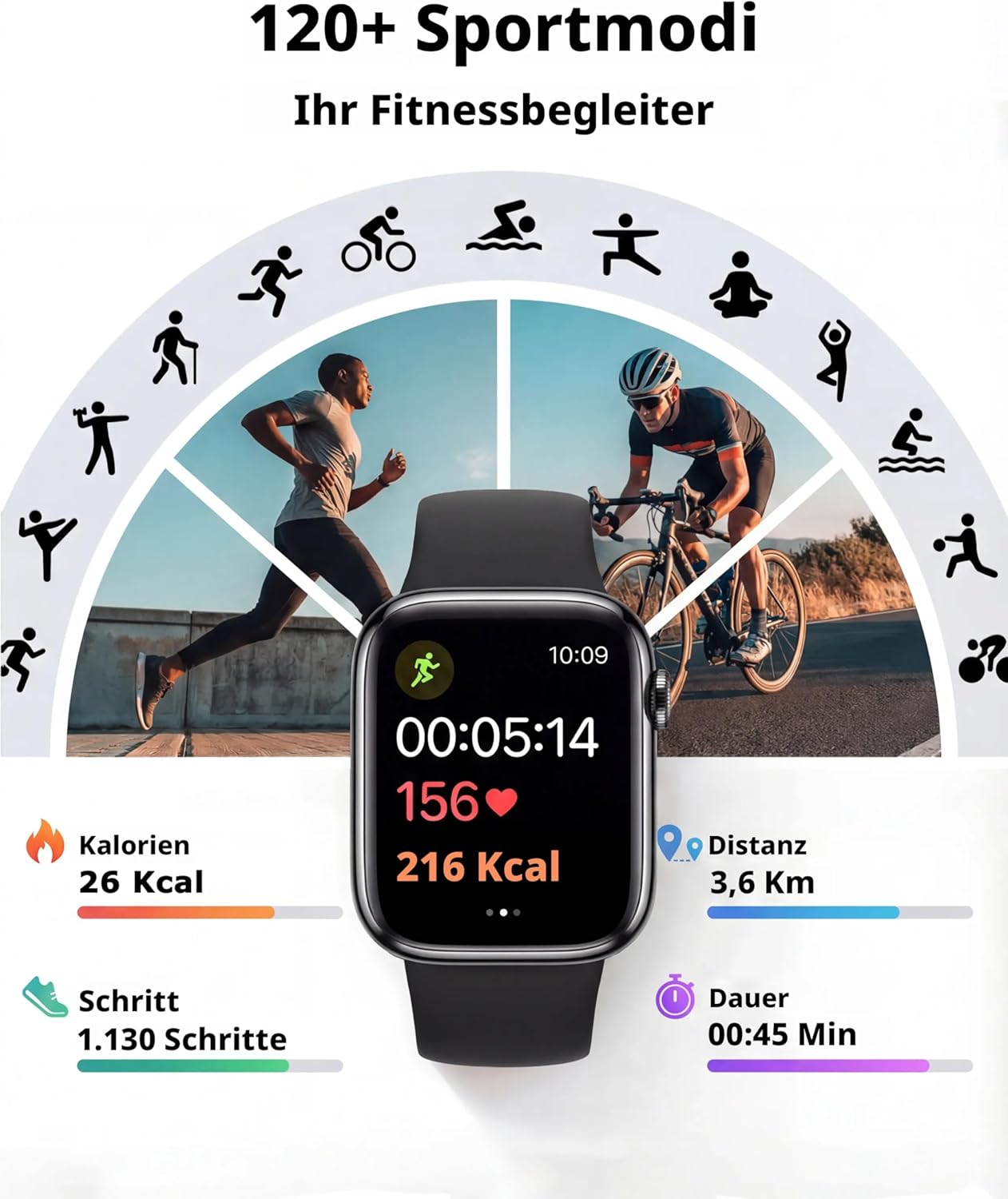 Smartwatch Damen Herren, 1,83 Zoll HD Fitnessuhr & Fitness-Tracker mit Schrittzähler, Blutdruckmessgerät, Herzfrequenzmesser, Telefonfunktion, Schlaf-Tracker, 120+ Sportmodi, IP68 wasserdichter Sport – Bild 3