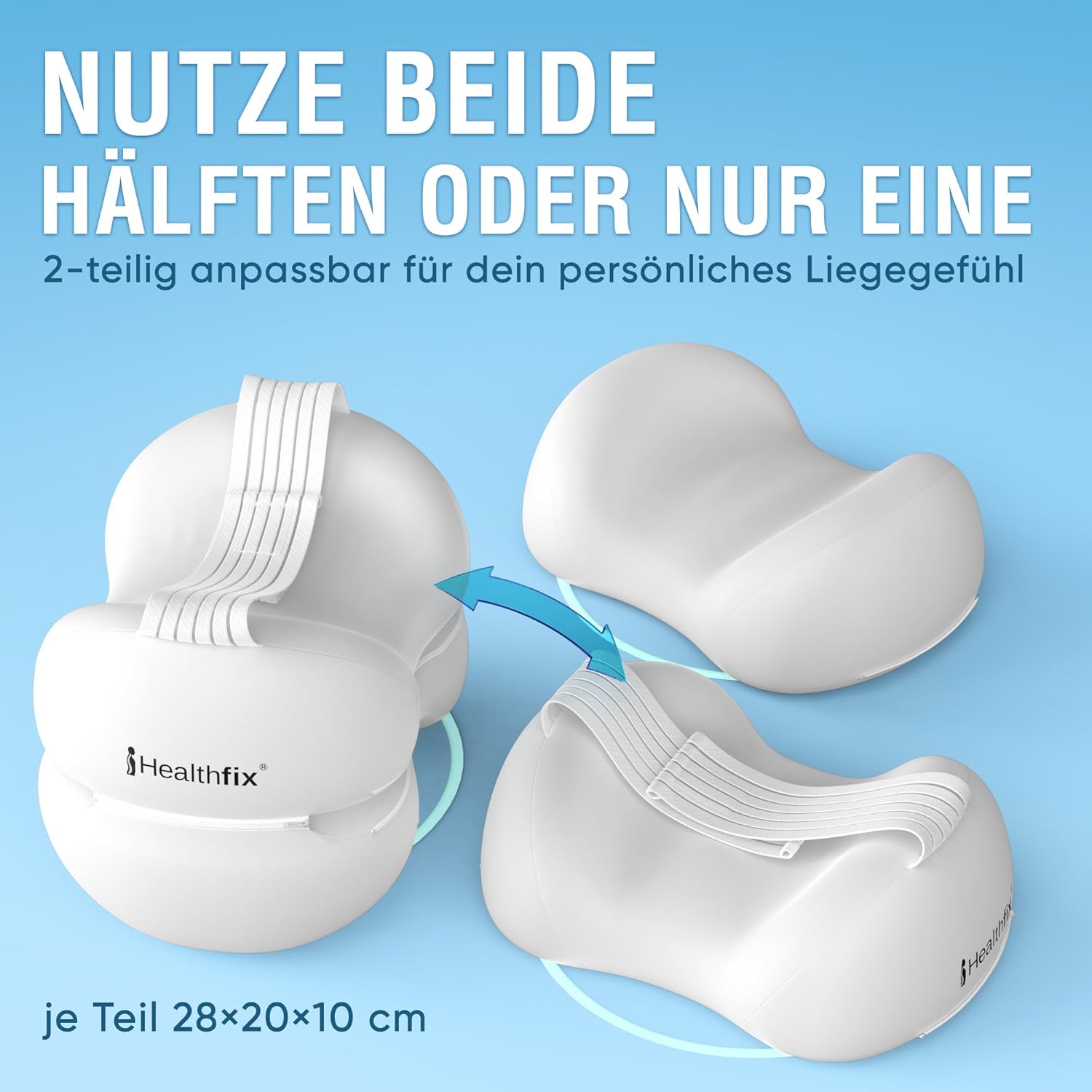 Healthfix Kniekissen für Seitenschläfer, orthopädisches Beinkissen zum Schlafen mit Gurt, 2 Stück, Memory-Schaum, kühlender, waschbarer Bezug (weiß) – Bild 5