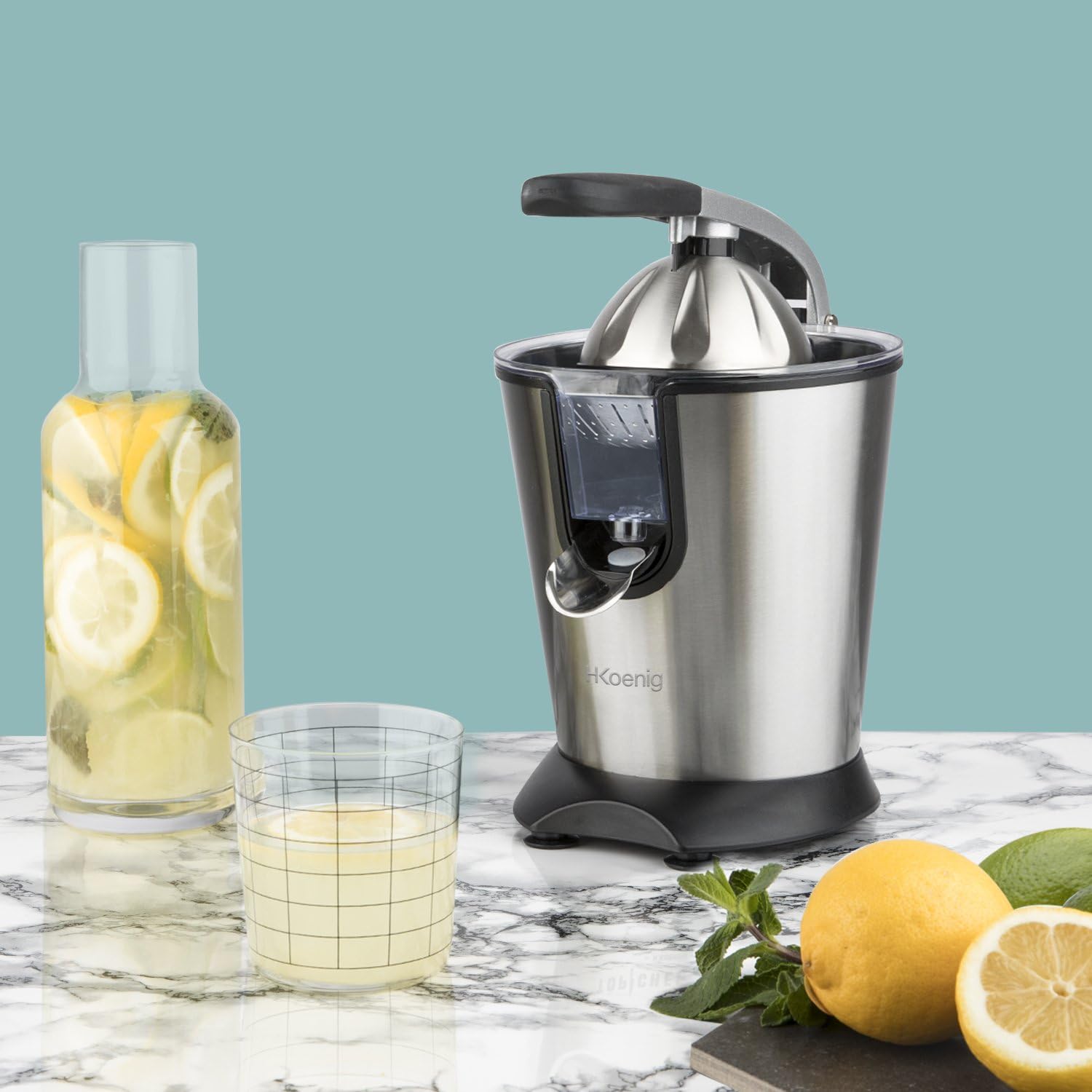 H.Koenig Elektrische Zitruspresse AGR80 BPA-frei, Orangen-, Zitronen-, Grapefruitsaft, schnell, automatisch, leise, leistungsstark, 160 W, Tropfstopp, spülmaschinenfest, Silber, 160 W – Bild 2
