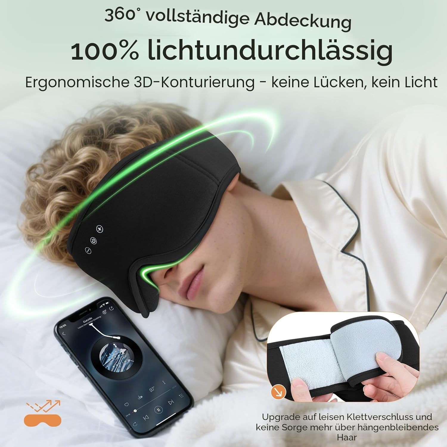 MUSICOZY Bambus-Baumwolle Schlafmaske mit Kopfhörer, 3D Schlafkopfhörer Bluetooth v5.4 Augenmaske Schlafmaske Für Seitenschläfer, Schlafmaske Waschbar Schlafbrille mit Mikrofon für Herren/Frauen – Bild 3