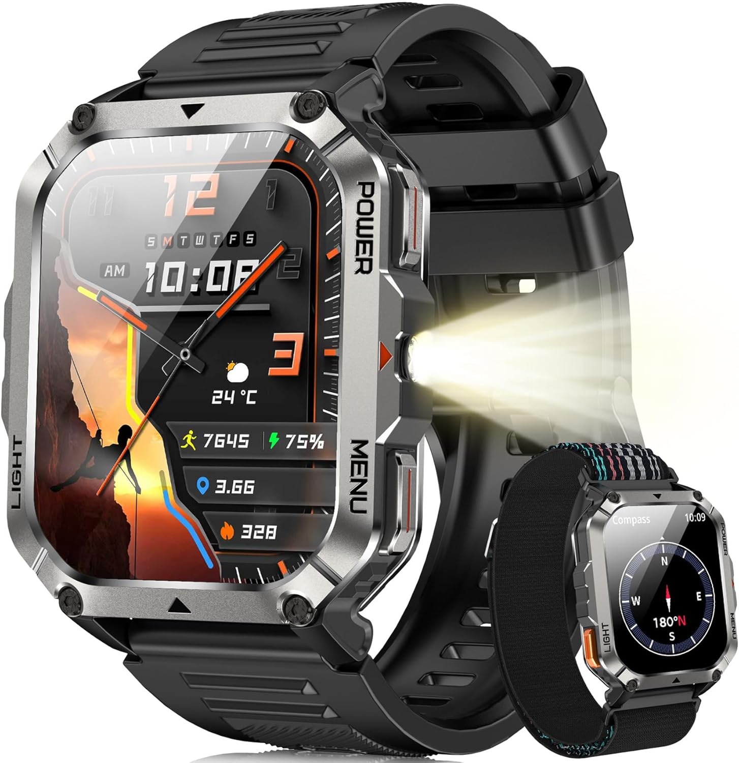 Blackview 900 mAh Herren-Smartwatch, Bluetooth-Anrufe/Kompass/LED-Beleuchtung/2 Armbänder (Silikon/Nylon), Sportuhr mit Puls-Schlaf-Schritten-Kalorien-Kilometer-Monitor, Fitness-Uhr für Android iOS