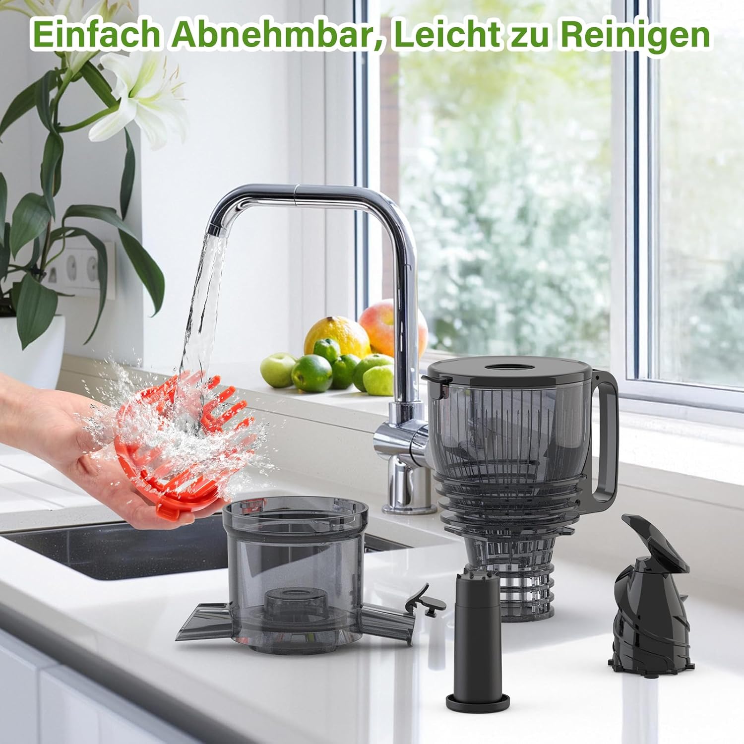 OMMO Slow Juicer, 300 W Entsafter, Gemüse- und Obst-Testsieger mit 148 mm Breite und größerem Einfüllrohr, leicht zu reinigender elektrischer Entsafter mit 2 PC-Bechern, BPA-frei, schwarz – Bild 5