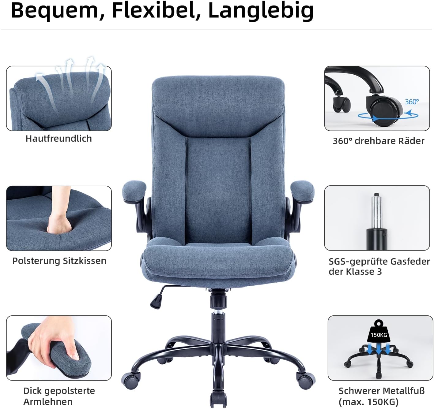 MZLEE Ergonomischer Bürostuhl, Computerstuhl, Schreibtischstuhl, drehbarer Arbeitsstuhl mit hochklappbarer Armlehne, höhenverstellbar, bequem für Büro, Zuhause, Gaming (Marineblau) – Bild 7