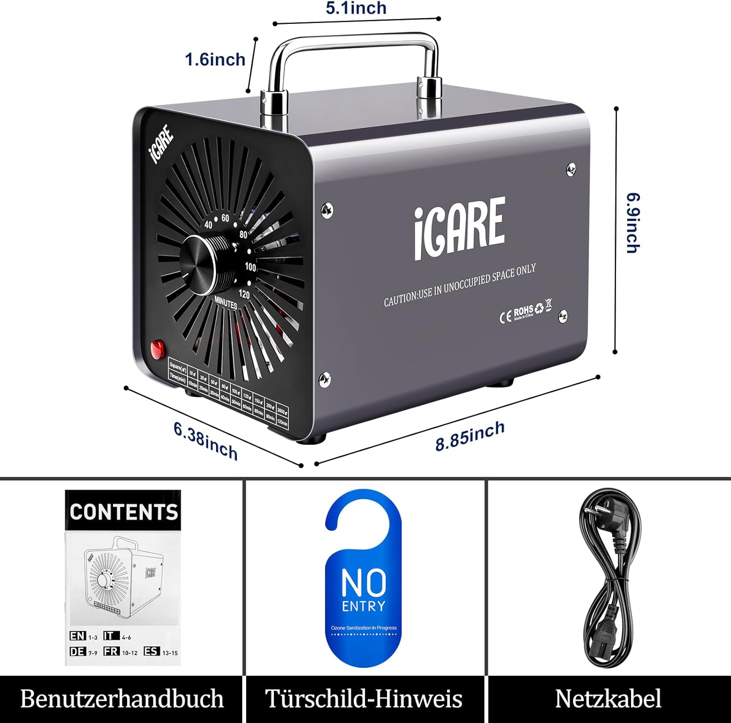 ICARE Ozongenerator 30.000 mg/h Ozongerät, Ozonisator Industrieller O3-Ozon-Luftreiniger mit 120-Min-Timer für 300㎡ Geruchsbeseitiger Geruchsneutralisator für Auto-, Rauch-, Haustiergerüche, Küchengerüche – Bild 9