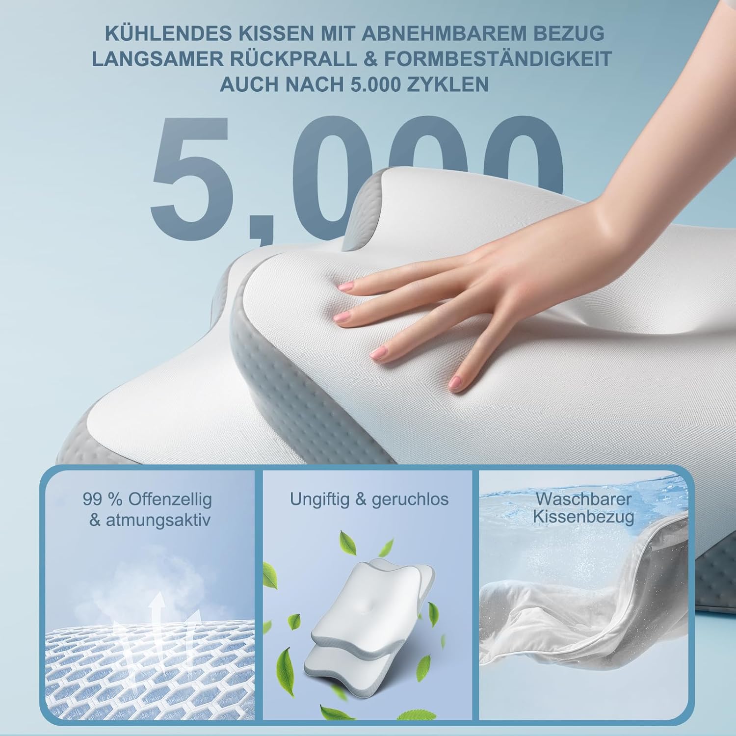 Nackenkissen, Memory-Schaum-Kissen, Nackenstützkissen, ergonomisches Kissen, Kopfkissen für Seiten-, Rücken- und Bauchschläfer (1 Stück) – Bild 3