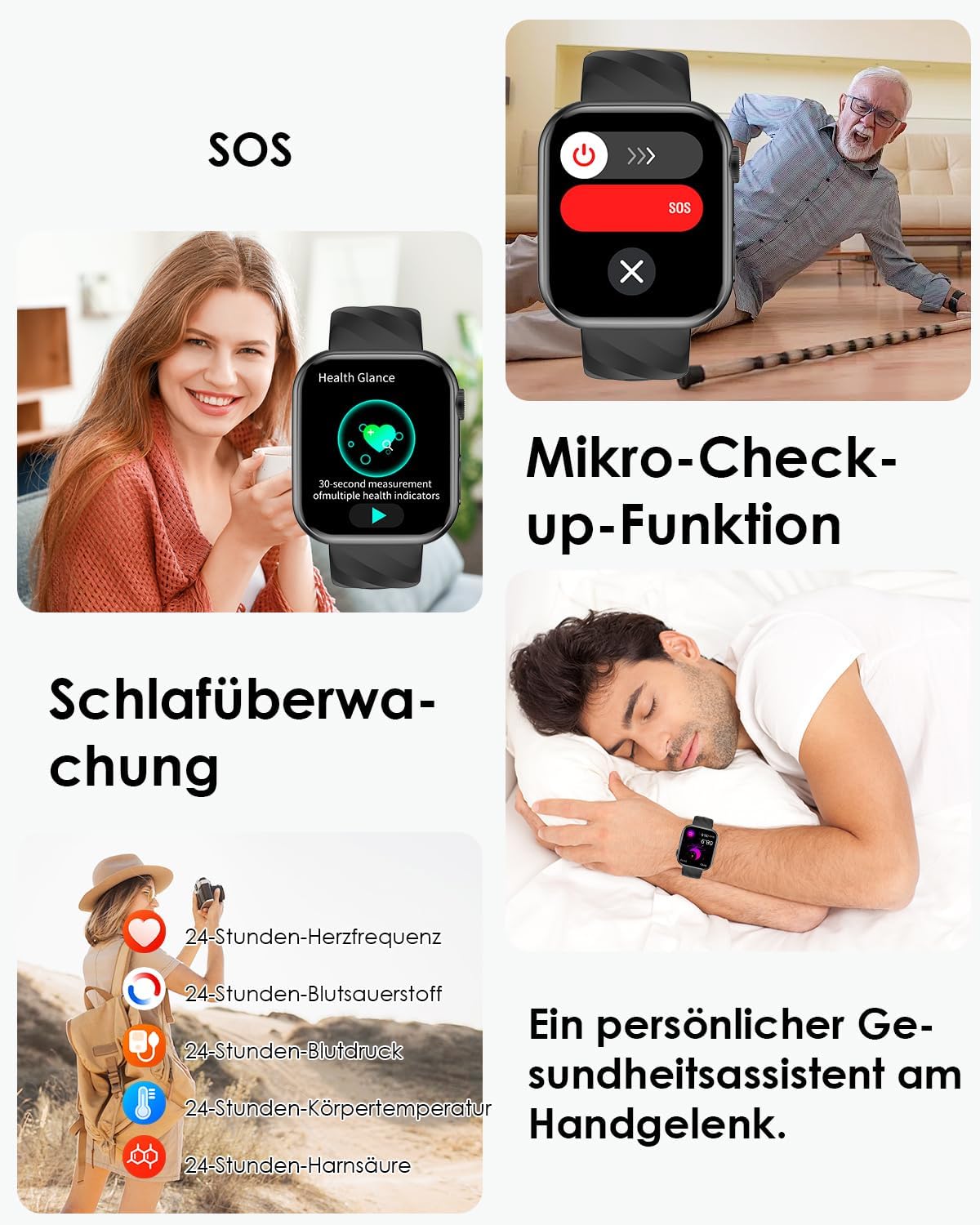2026 Neu Smartwatch EKG+HRV/BMI/Harnsäure/ΒΙυtzυcker Herren Damen, 1.97'' AMOLED Gesundheitsuhr mit Bluetooth Anrufe, 24H Blutdruck/Herzfrequenz/Schlafmonitor, SOS-Notruf Fitnessuhr für Android iOS – Bild 4