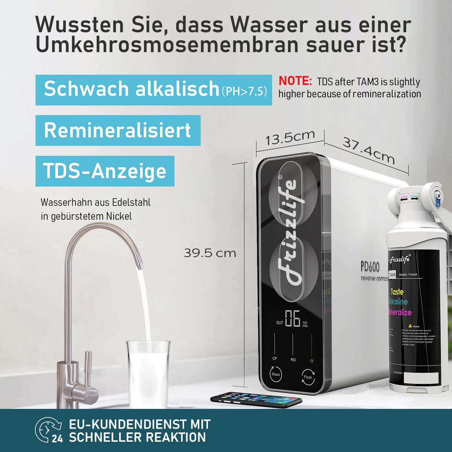 Frizzlife Umkehrosmose-Wasserfiltrationssystem 2271 LPD RO Hoher Durchsatz, kein Wassertank, reduziert TDS, kompakt, alkalisches Mineral, Ablaufverhältnis 1,5:1, EU-Tech-Support, PD600-TAM3 – Bild 7