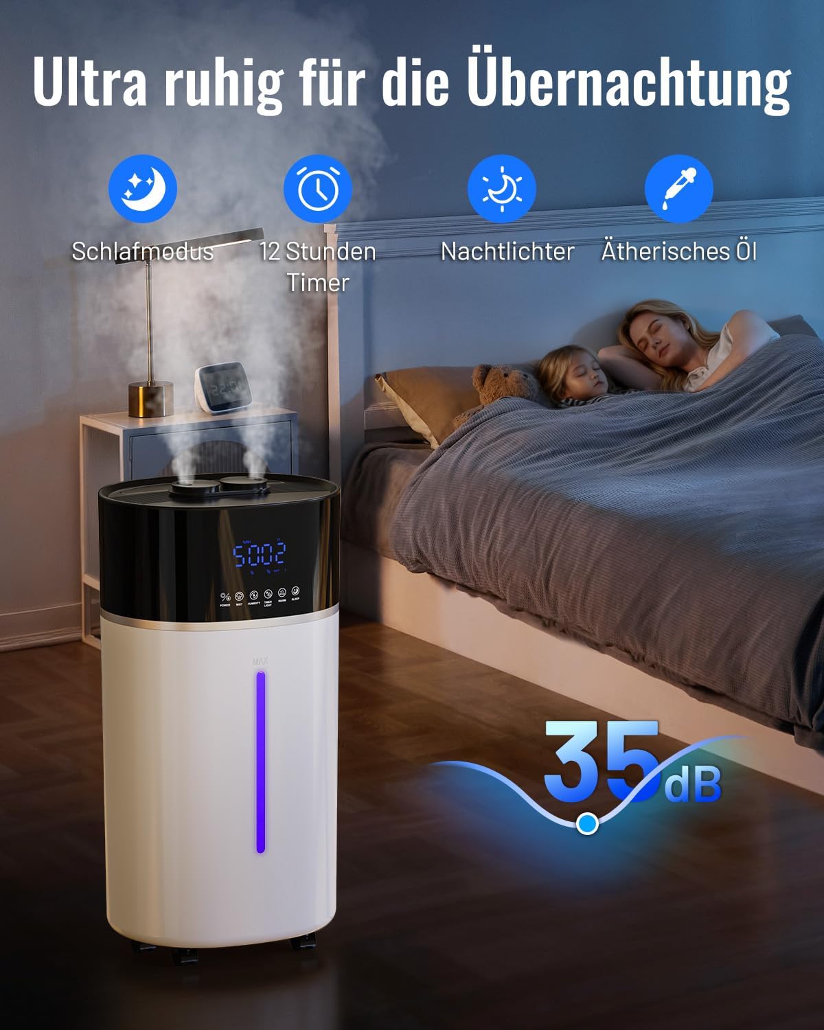 Luftbefeuchter für große Räume, 18 l, warmer und kühler Nebel, Luftbefeuchter bis zu 200 m², Raumbefeuchter für Wohnzimmer, verlängertes Rohr und Doppeldüsen, Ultraschall-Luftbefeuchter, Schlafzimmer/Büro/Pflanzen/gewerblich, Weiß – Bild 9