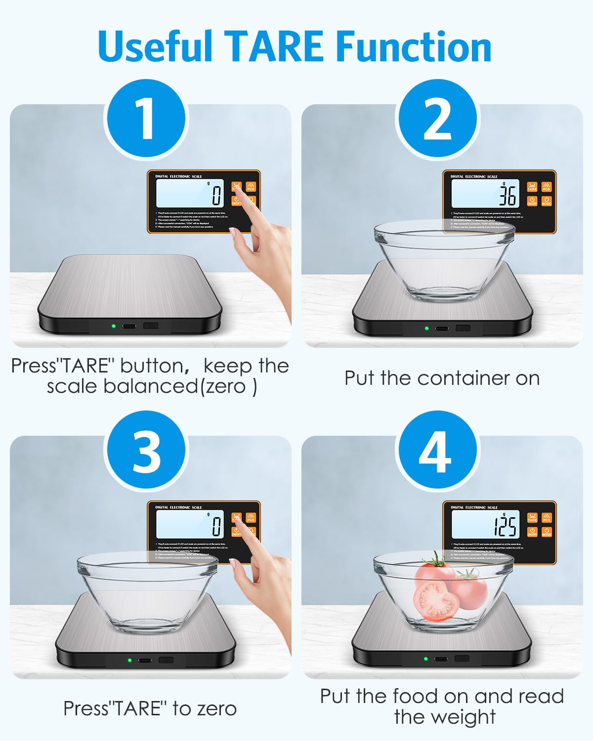 Brifit Digitale Küchenwaage 15 kg/1 g mit abnehmbarem Display – wiederaufladbare Küchenwaage mit USB-C, Edelstahloberfläche, Grammwaage für Lebensmittel, Backen, Kochen, Brief, Präzisionswaage Küche – Bild 7