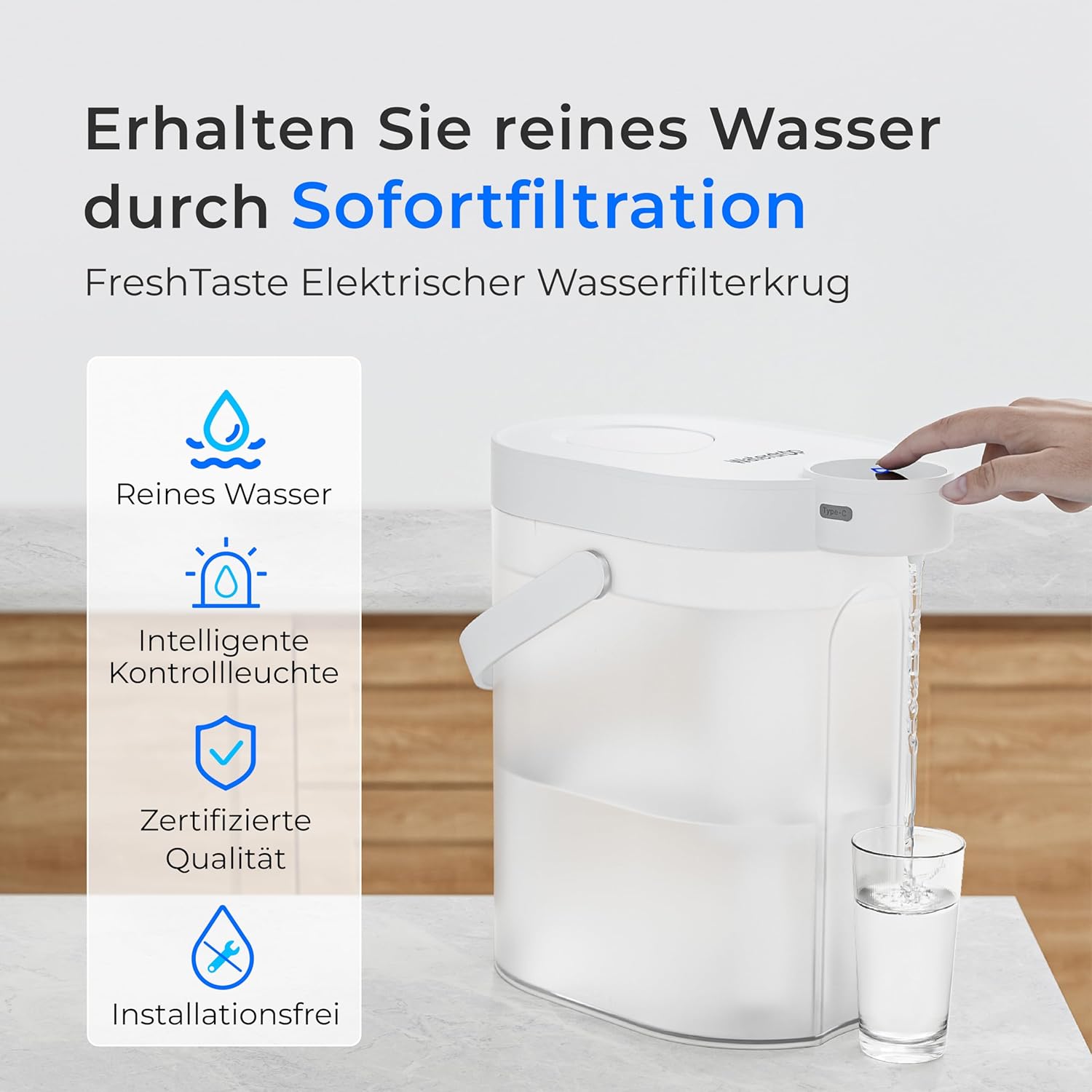 Waterdrop FreshTaste Wasserhärter, elektrischer Wasserfilterkrug, 4 l Wasserfilterspender für Kühlschrank, reduziert Kalk, Chlor, Blei, Kupfer, reinigt, Weiß (Ersatzfilter: WD-EWFS) – Bild 2