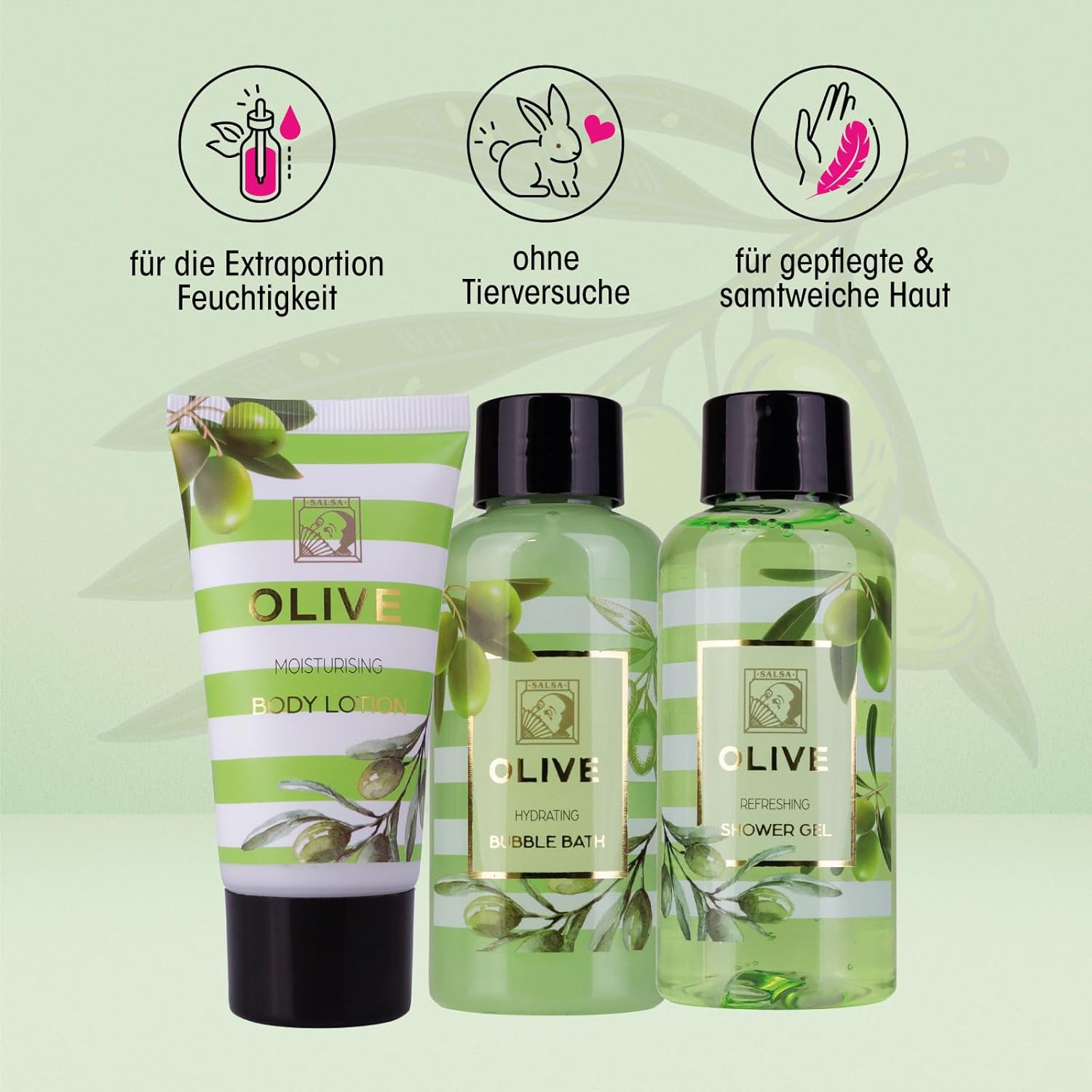 Accentra Olive Damen Duschset Geschenkset in schöner Geschenkbox – 3-teiliges Pflegeset mit Duschgel, Bodylotion und Schaumbad – Wellness-Geschenkset für Valentinstag, Muttertag & Weihnachten – Bild 3