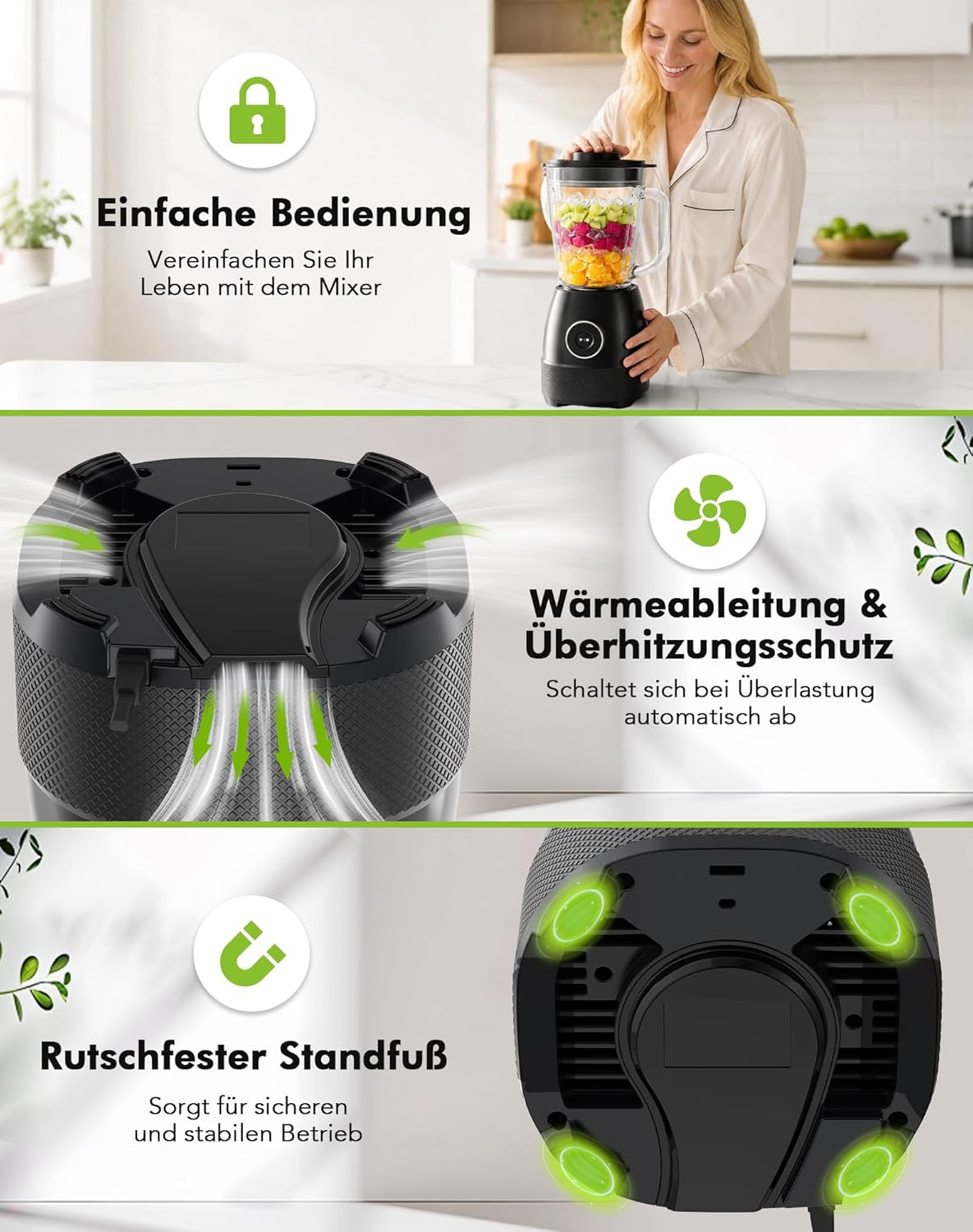 Mixer, Smoothie Maker, Standmixer, 1500 Watt High Speed Mixer Smoothie Maker mit 1,5 L Glasbehälter, 600 ml Flaschen, BPA-freies Tritan, einstellbare Geschwindigkeit für Smoothies, Mixen – Bild 8