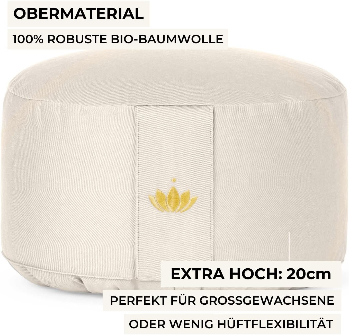 Lotuscrafts Yogakissen, Meditationskissen, extra hoher Sitz – Höhe 20 cm – waschbarer Baumwollbezug, mit Dinkelfüllung, GOTS-zertifiziert – Bild 2