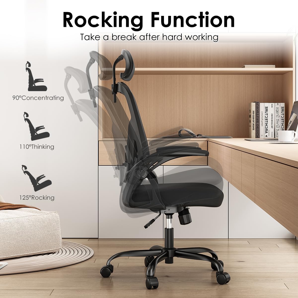 Farini Höhenverstellbarer ergonomischer Stuhl, Schreibtischstuhl, Bürostuhl, bequem mit Kopfstütze, Heimbürostuhl, Computerstühle, Chefsessel mit Armlehne, 150 kg, PC-Stuhl mit Rollen – Bild 6