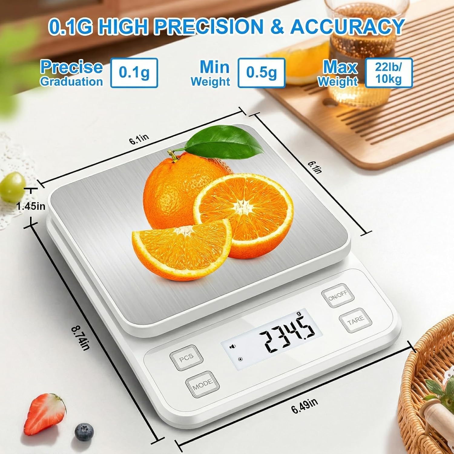 Diyife IP67 wasserdichte Küchenwaage, 0,1 g/10 kg, hochpräzise Küchenwaage, 10 Einheiten wiederaufladbar, Tara einstellbar, automatische Abschaltung, LCD-Display, Stummschaltung, Zählfunktion – Weiß – Bild 3