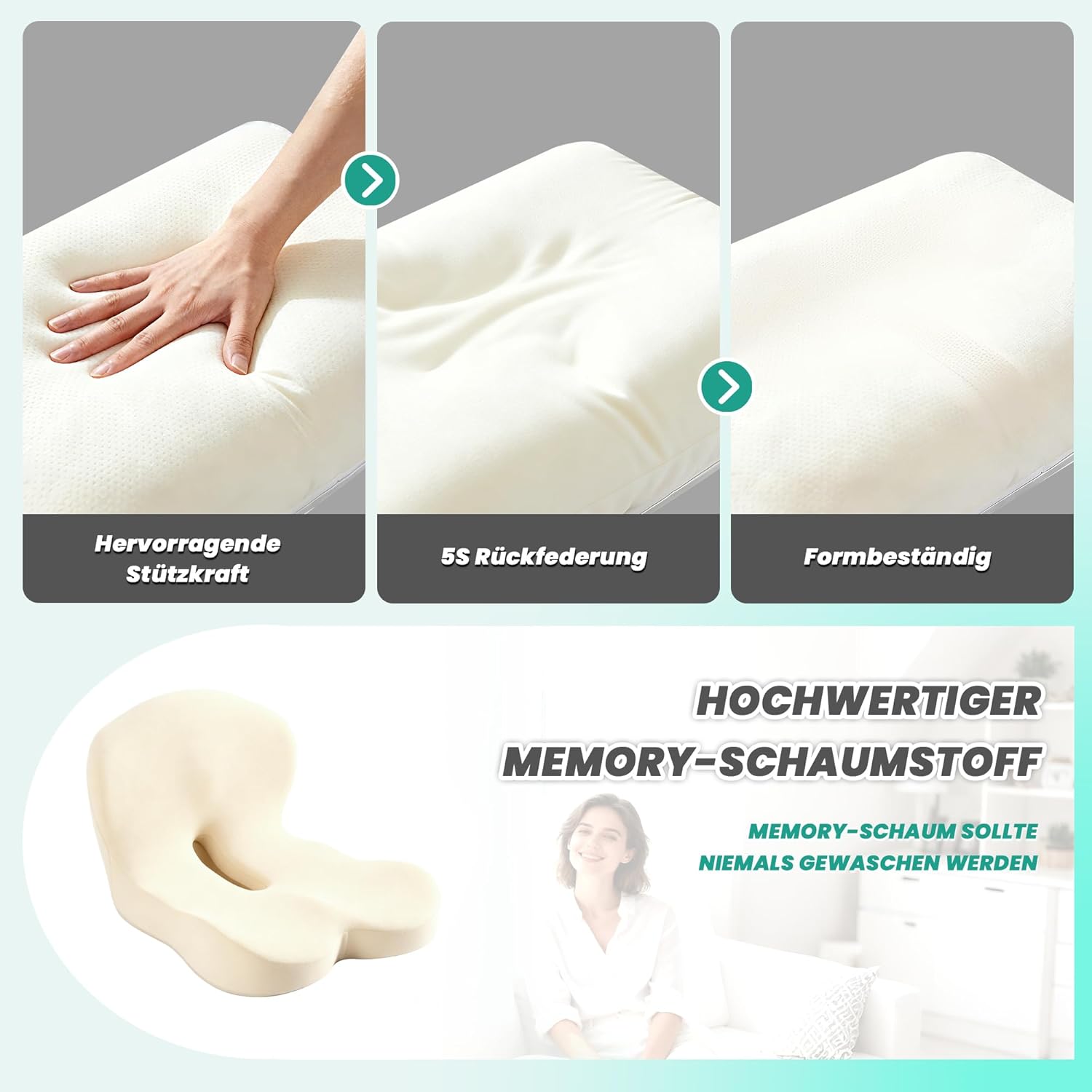 Urban Deco Orthopädisches Sitzkissen mit Rückenlehne, ergonomisches Memory-Schaum-Rückenstützkissen, Stuhlkissen für Bürostuhl, Autositz, Rollstuhl, Büro, Auto, Schwarz & Grau, 1 Stück – Bild 5