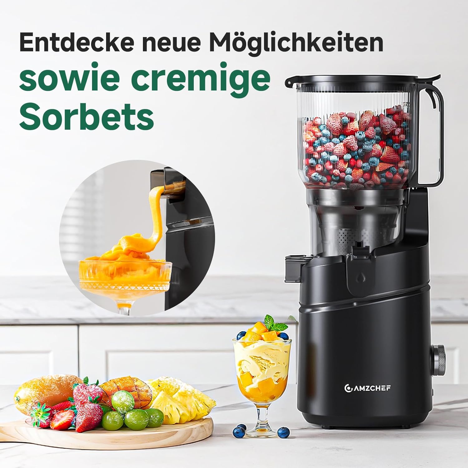 AMZCHEF 250W Automatischer All-In-One-Entsafter, 150mm Öffnung und 2L Kaltpress-Entsafter für Gemüse und Obst, Entsafter Slow Juicer Testsieger mit Dreifachfilter - Schwarz – Bild 9