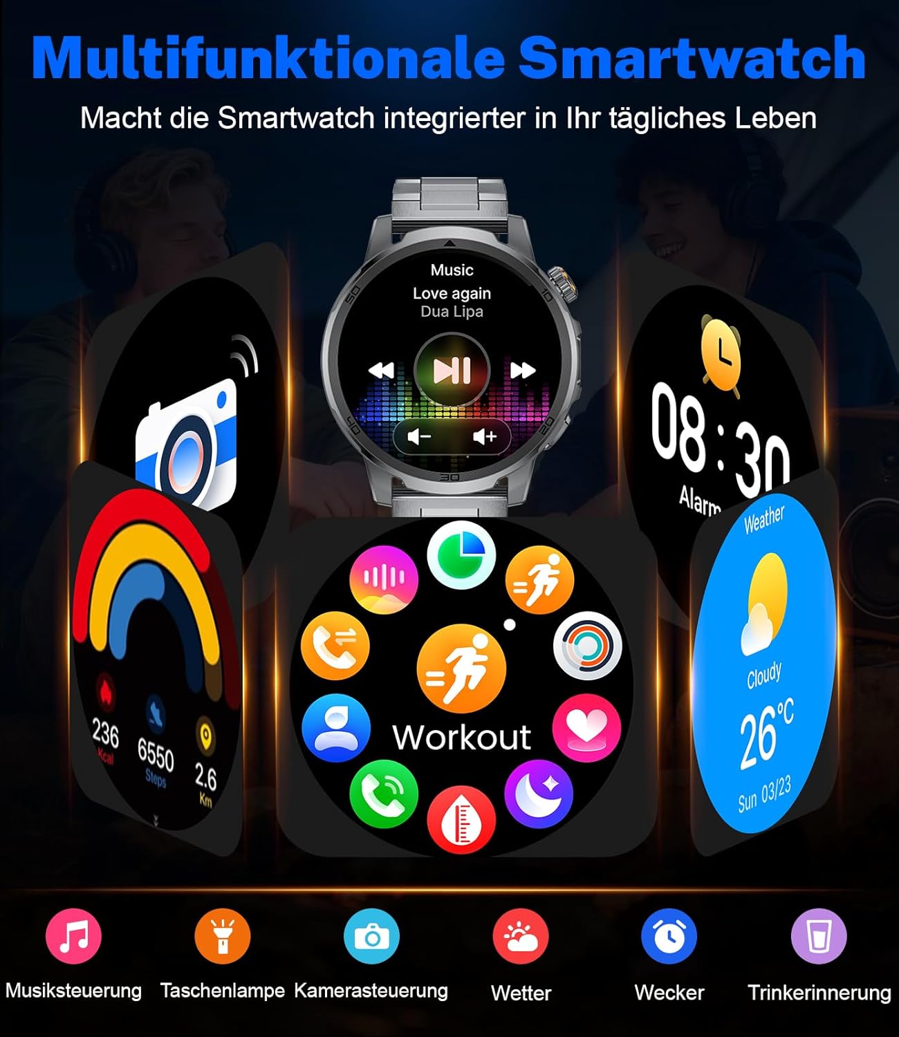 FEELNEVER Militär-Smartwatch für Herren mit 1000 mAh/1,85 Zoll HD großem Touchscreen/LED-Licht, Fitnessuhr mit 2 Armbändern, 110+ Sportmodi, Herz-/Schlaf-Tracking, IP68 wasserdicht, Uhr für iOS/Android, Schwarz – Bild 10