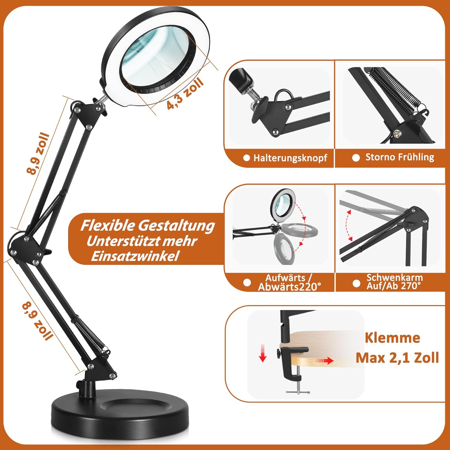 Veemagni 10-fache Lupe mit Licht, 5 Farbmodi, stufenlos dimmbar, 2-in-1-Schreibtischlampe und Klemme, LED-beleuchtete Lupe mit Licht und Ständer, freihändig für Handwerk, Hobby, Malen, Abschlussarbeiten – Bild 5
