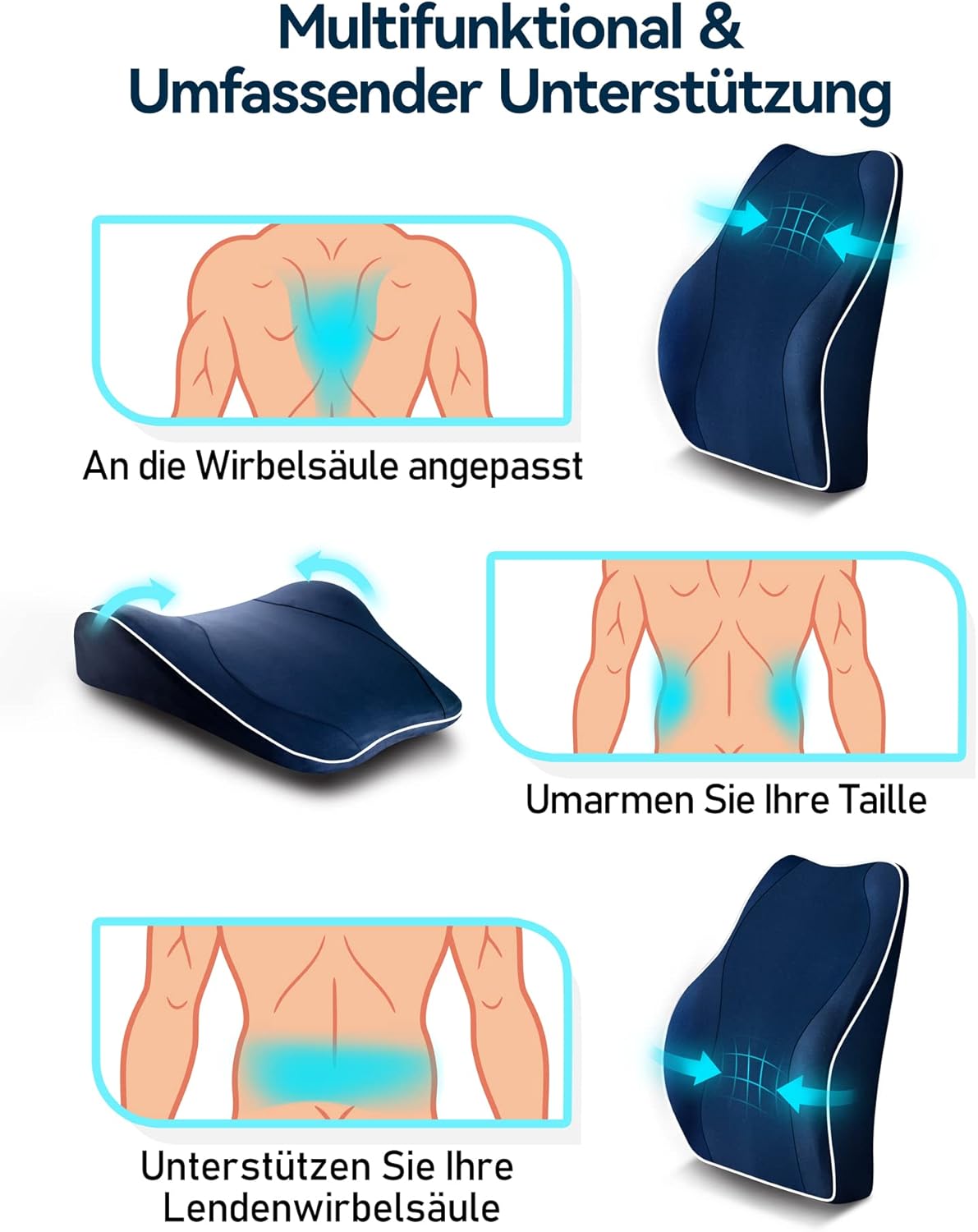 Travel Ease Ergonomisches Memory Foam Rückenkissen, Lendenkissen für Bürostuhl, Schreibtischstuhl, mit antistatischem, hautfreundlichem Bezug und für eine bequeme Sitzhaltung (Dunkelblau) – Bild 4