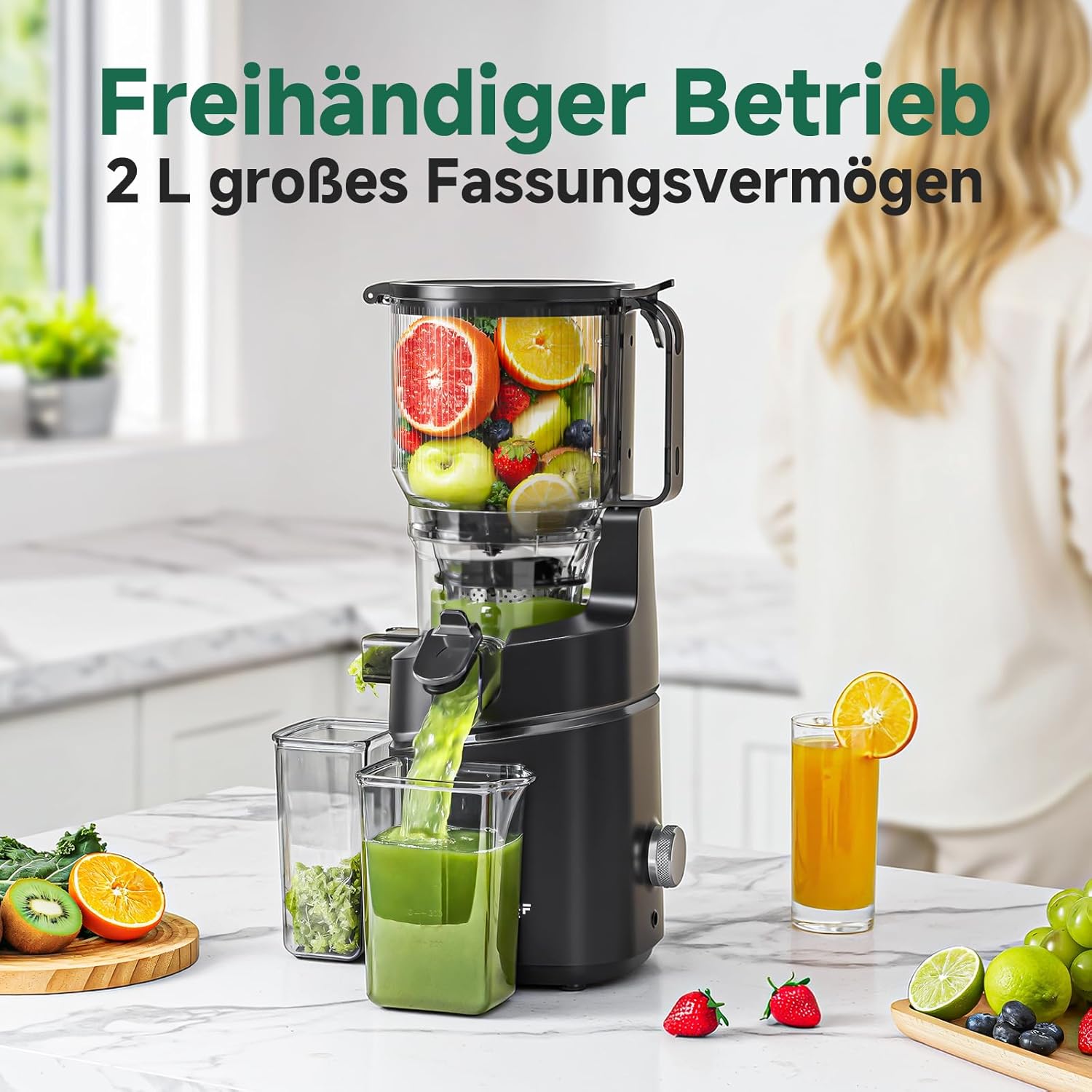 AMZCHEF 250W Automatischer All-In-One-Entsafter, 150mm Öffnung und 2L Kaltpress-Entsafter für Gemüse und Obst, Entsafter Slow Juicer Testsieger mit Dreifachfilter - Schwarz – Bild 3