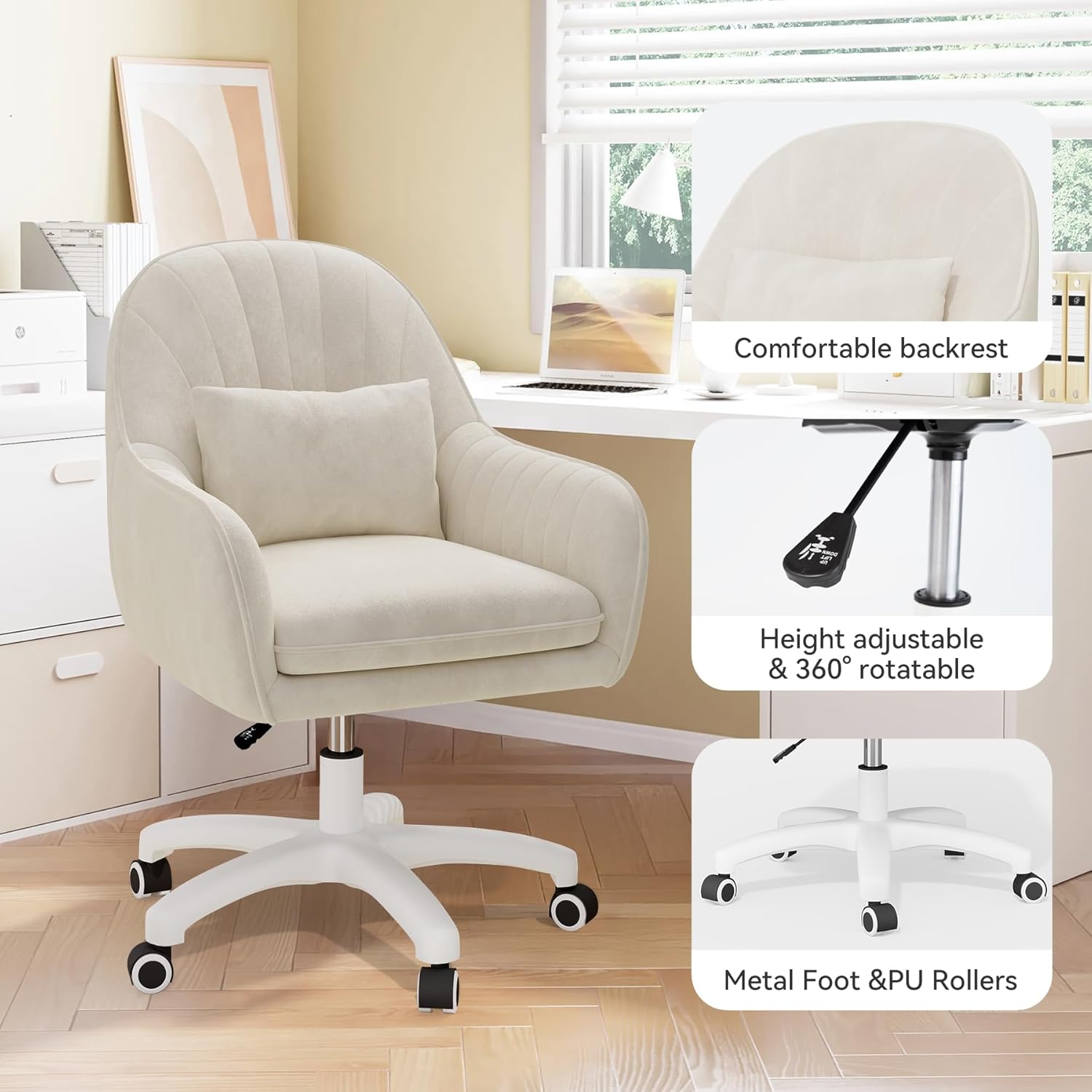 Home-Office-Stuhl, Samtstuhl mit Kissen, 360° drehbar, höhenverstellbarer Bürostuhl, ergonomisch, Schminkstuhl, Drehstuhl, für Arbeitszimmer, Schlafzimmer, maximale Belastung 120 kg, Beige – Bild 6
