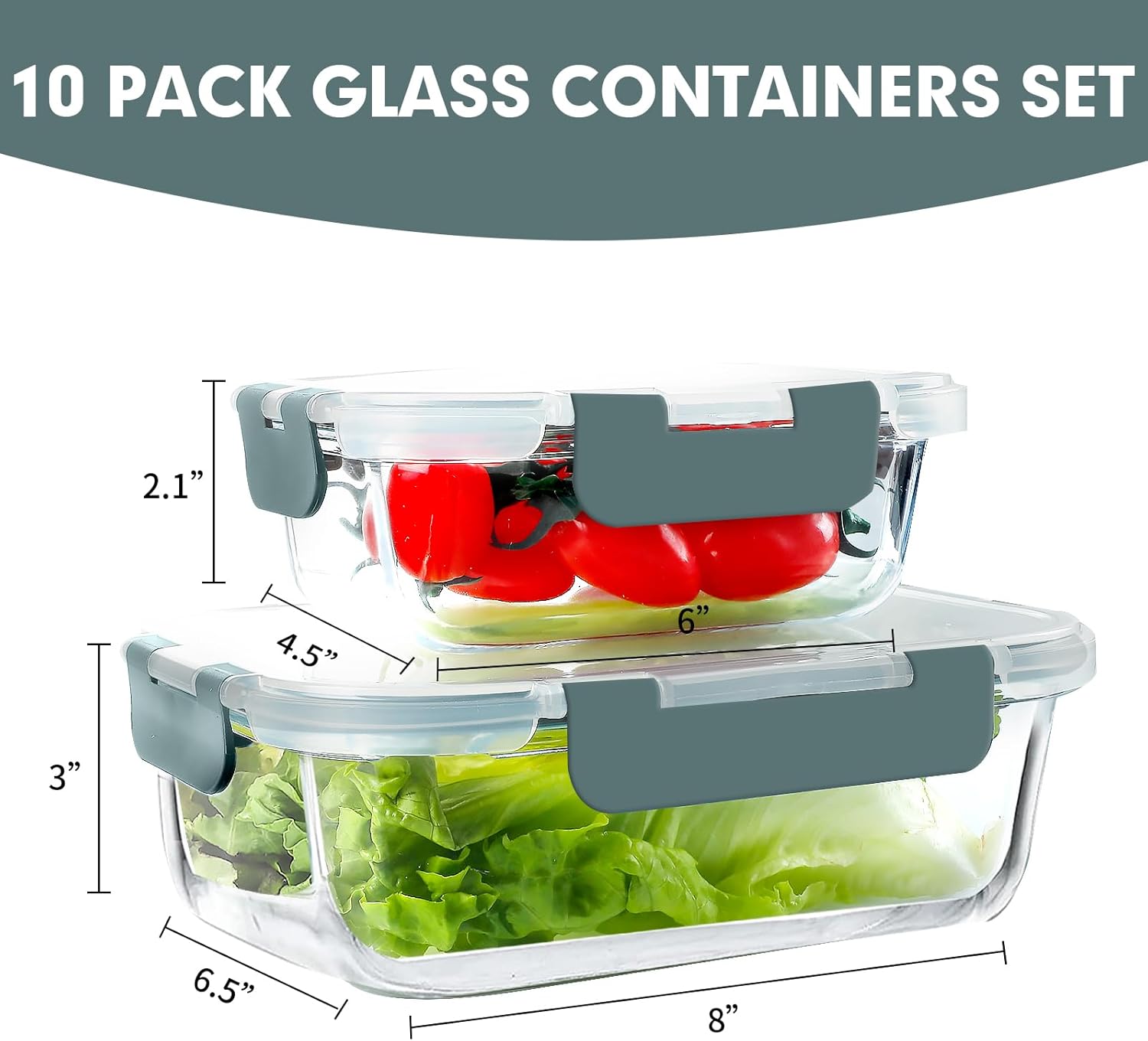 VERONES 10-teiliges Crisper-Set aus Glas, luftdichte Lunchbehälter aus Glas, versiegelte und stapelbare Glasbehälter mit Deckel, Gefrierschrank und Spülmaschine, Grau – Bild 2