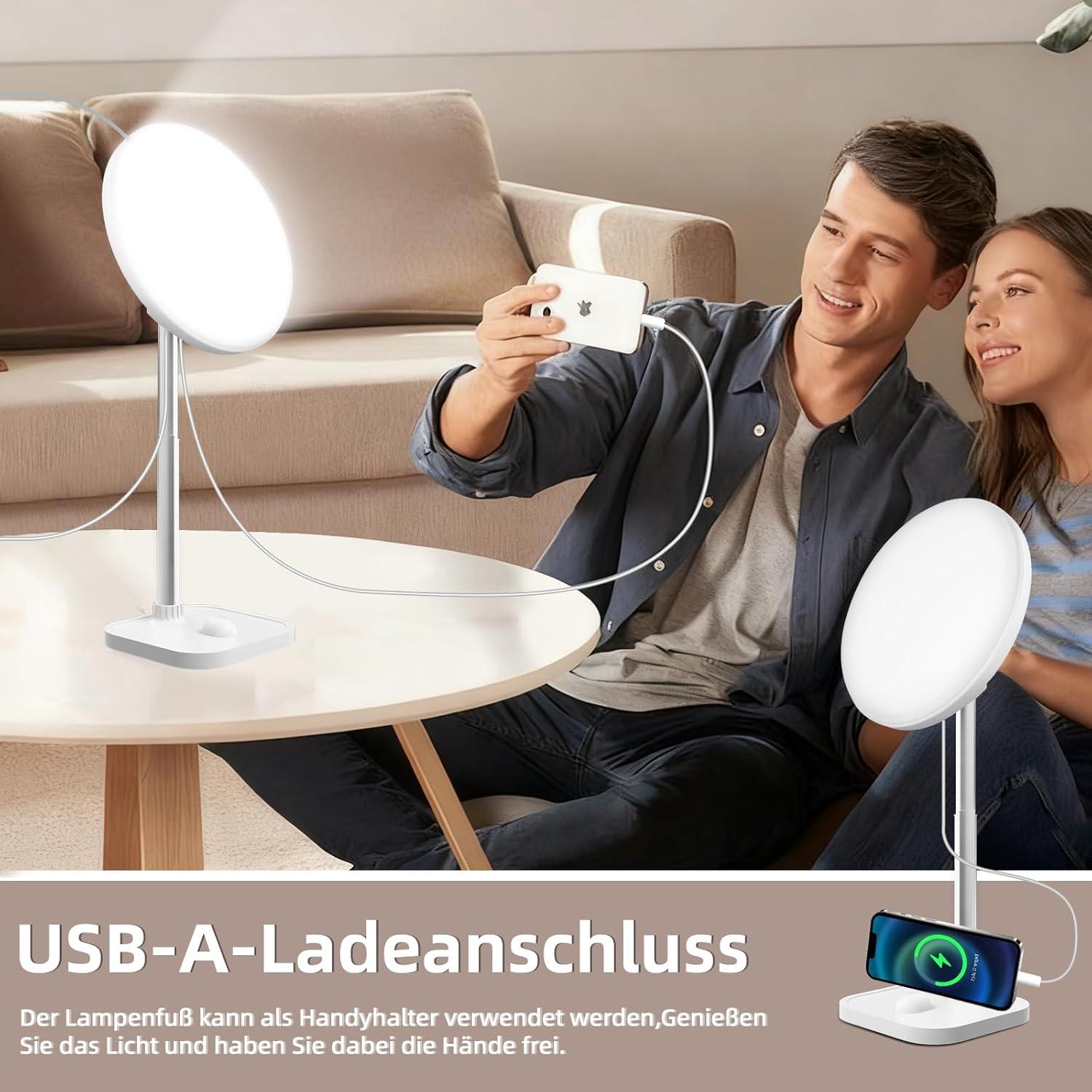 Tageslichtlampe 15000 Lux Lichttherapielampe, Tageslichtlampe Schreibtisch mit 3 Farbtemperaturen und 5 Helligkeitsstufen, USB-A-Anschlüssen, Dimmer und Timer, einstellbarer Winkel und Höhe für Lesen/Büro/Zuhause – Bild 7