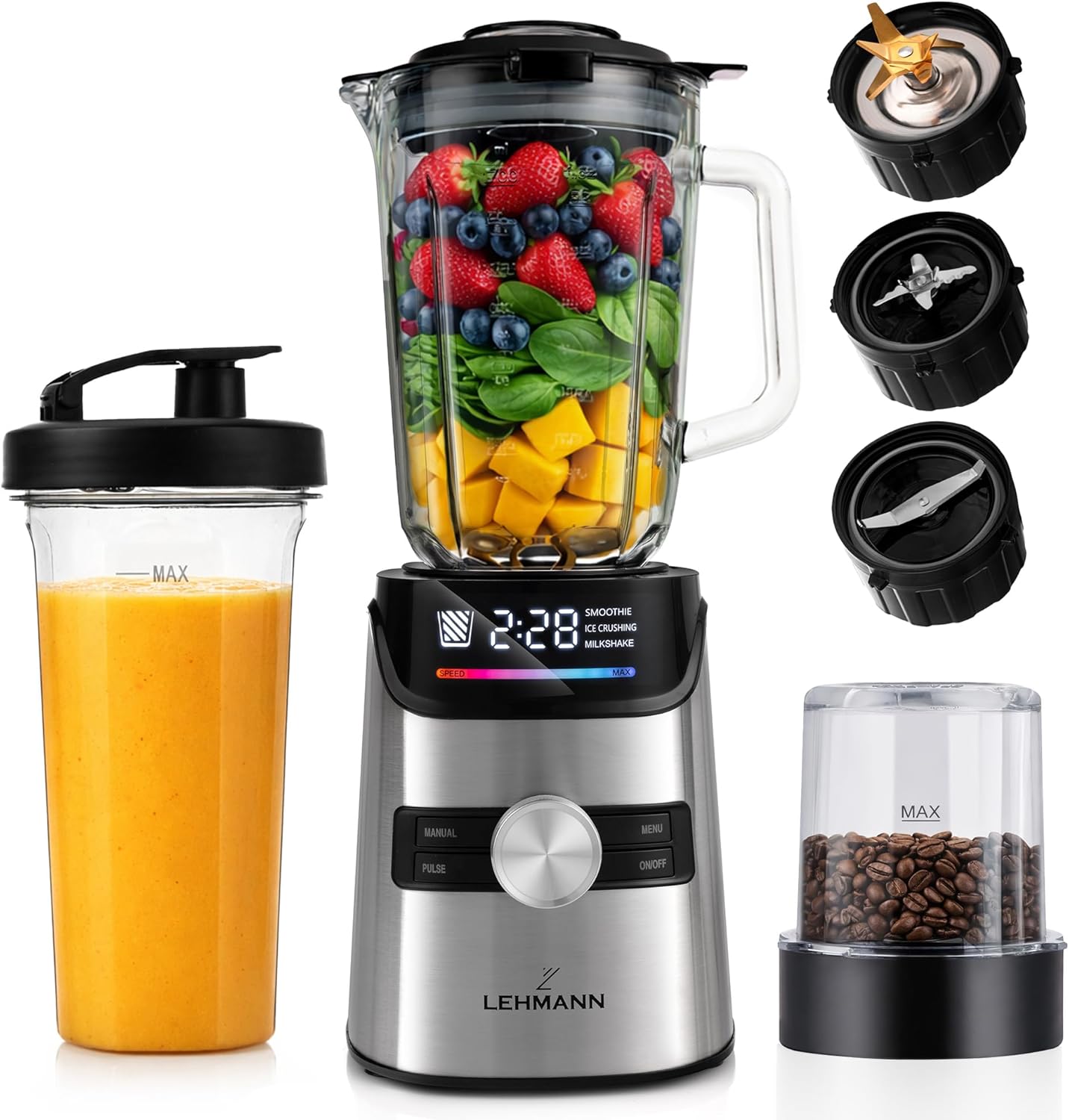 LEHMANN Standmixer 3-in-1 mit Glasbehälter 1,7 L, To-Go-Trinkflasche & Mahlwerk, 10 Geschwindigkeiten, Pulse, 3 Programme für Smoothie, Milchshake, Ice Crush, spülmaschinenfeste Teile, 1400 W