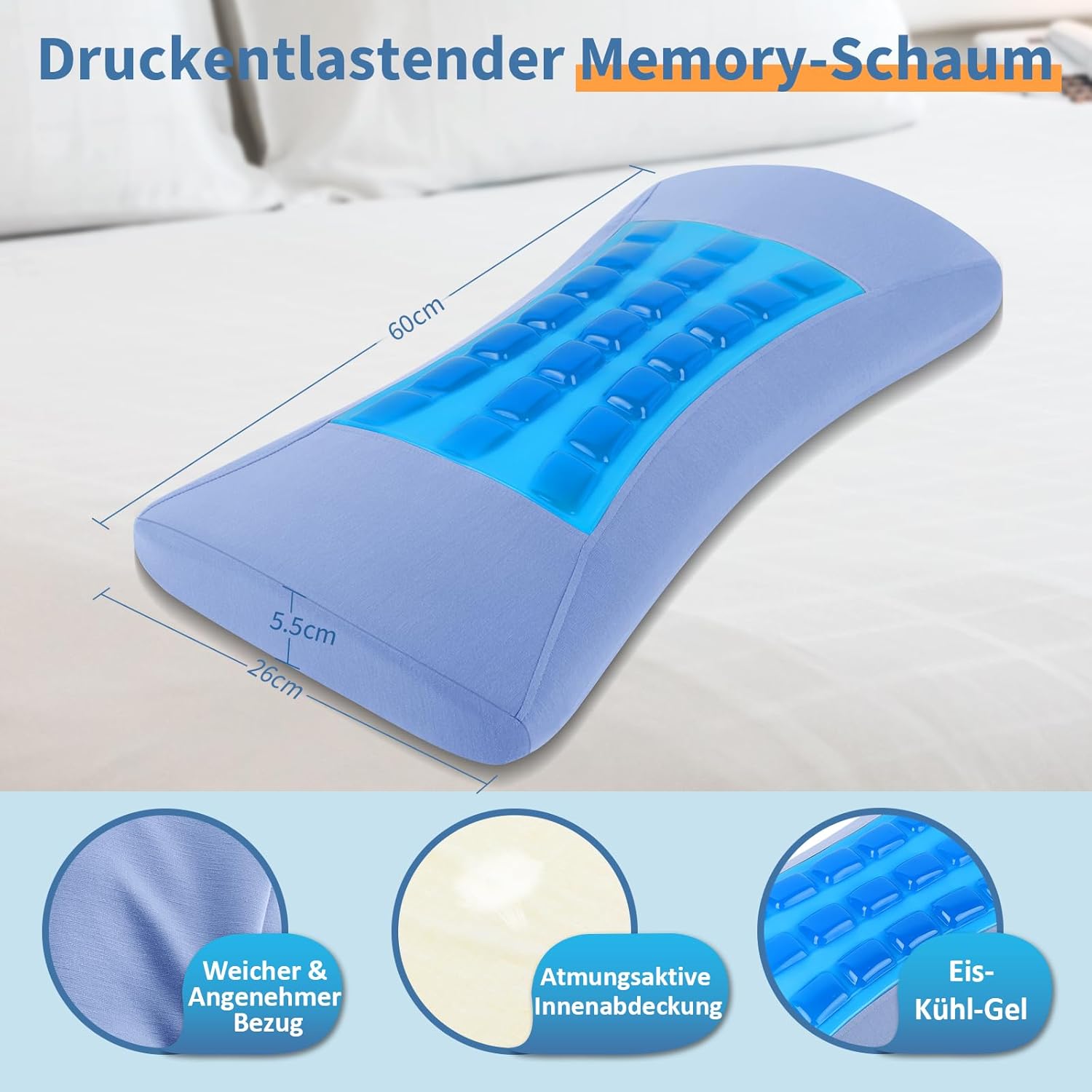 Orthopädisches Lendenkissen mit kühlender Gelschicht, ergonomische Memory-Schaum-Rücken- und Lendenwirbelstütze für Bett und Sofa – Vorlagen für Entlastungskissen für den unteren Rücken – Bild 7