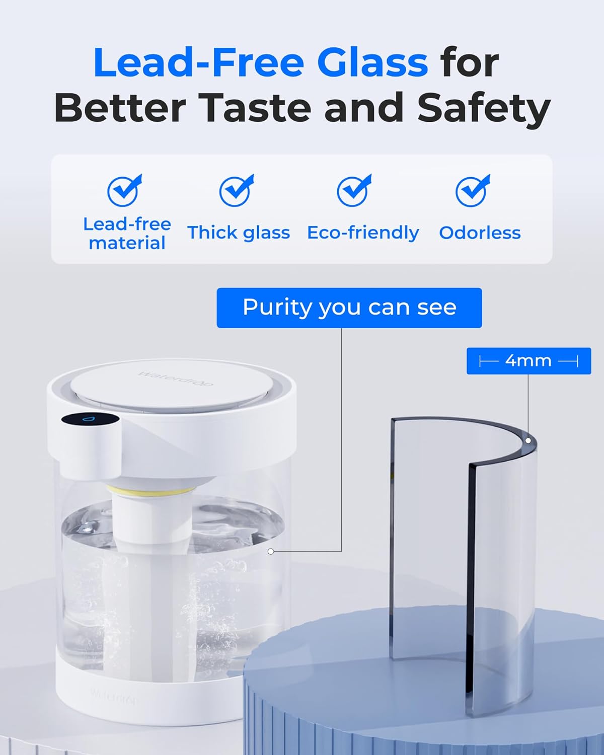 Waterdrop Glass wiederaufladbarer elektrischer Wasserfilterkrug, WD-ED12W, 5,3 l Wasserenthärter, Kalkfilter, 3 Monate sofortiger Wasserfilterspender, reduziert Kalzium, Magnesium und 70 Schadstoffe – Bild 3