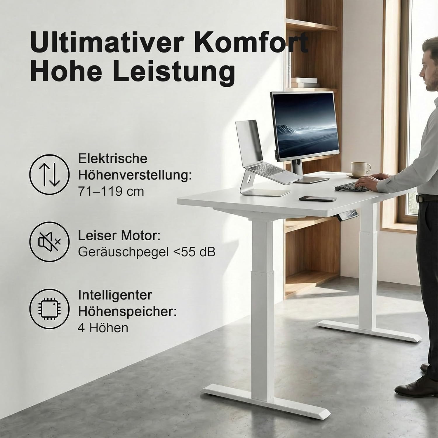 JUMMICO Höhenverstellbarer Schreibtisch 180 x 80 cm, L-Form, Gaming-Tisch, elektrisch, höhenverstellbar, Ergonomie, Bürotisch mit 4-Memory-Funktion und Kabelmanagement, große Monitorfläche, stehend – Bild 7