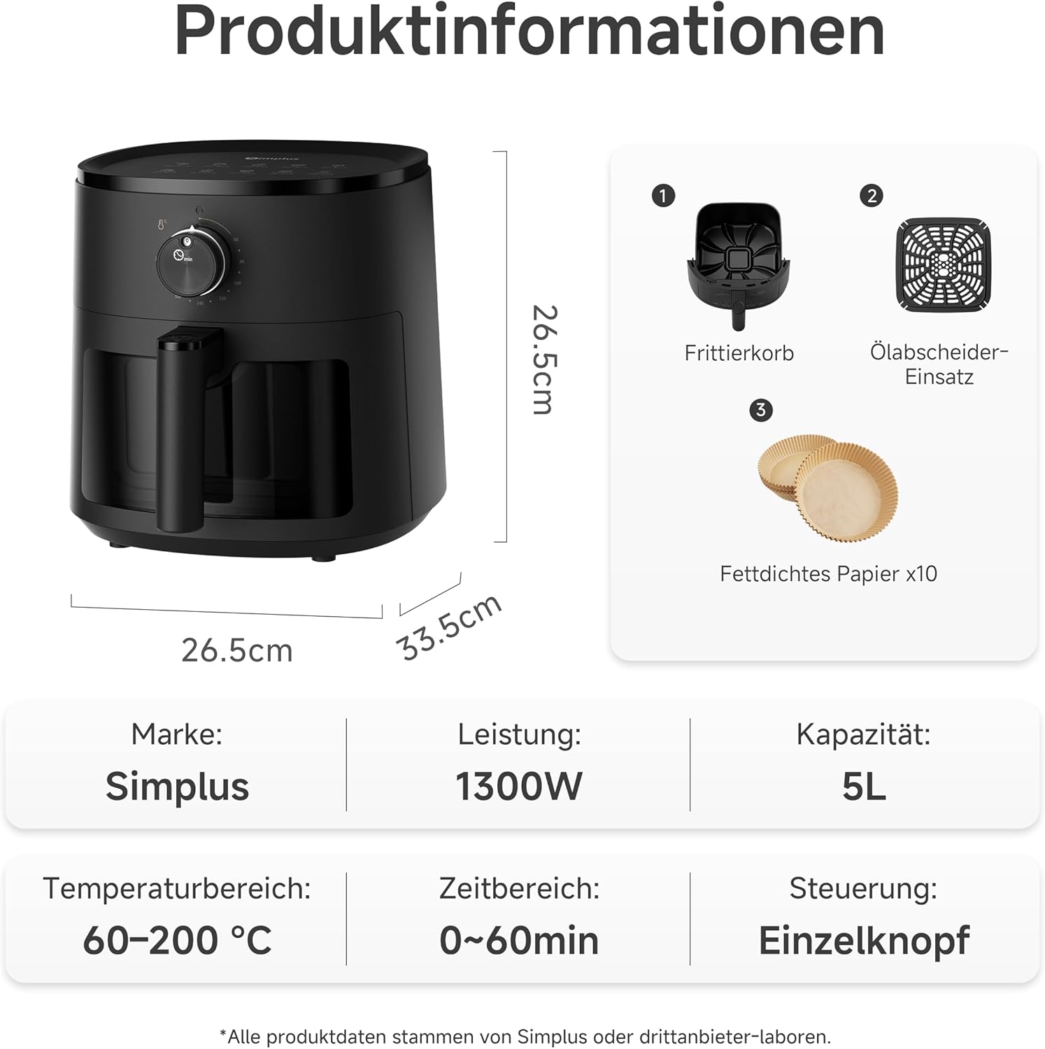 SIMPLUS Heißluftfritteuse 5L mit Sichtfenster, 1300W Airfryer, leise 43,2 dB, platzsparend, Heißluftfritteuse mit Dampffunktion, Antihaft-Korb, Drehknopf, 60-200°C – Bild 9