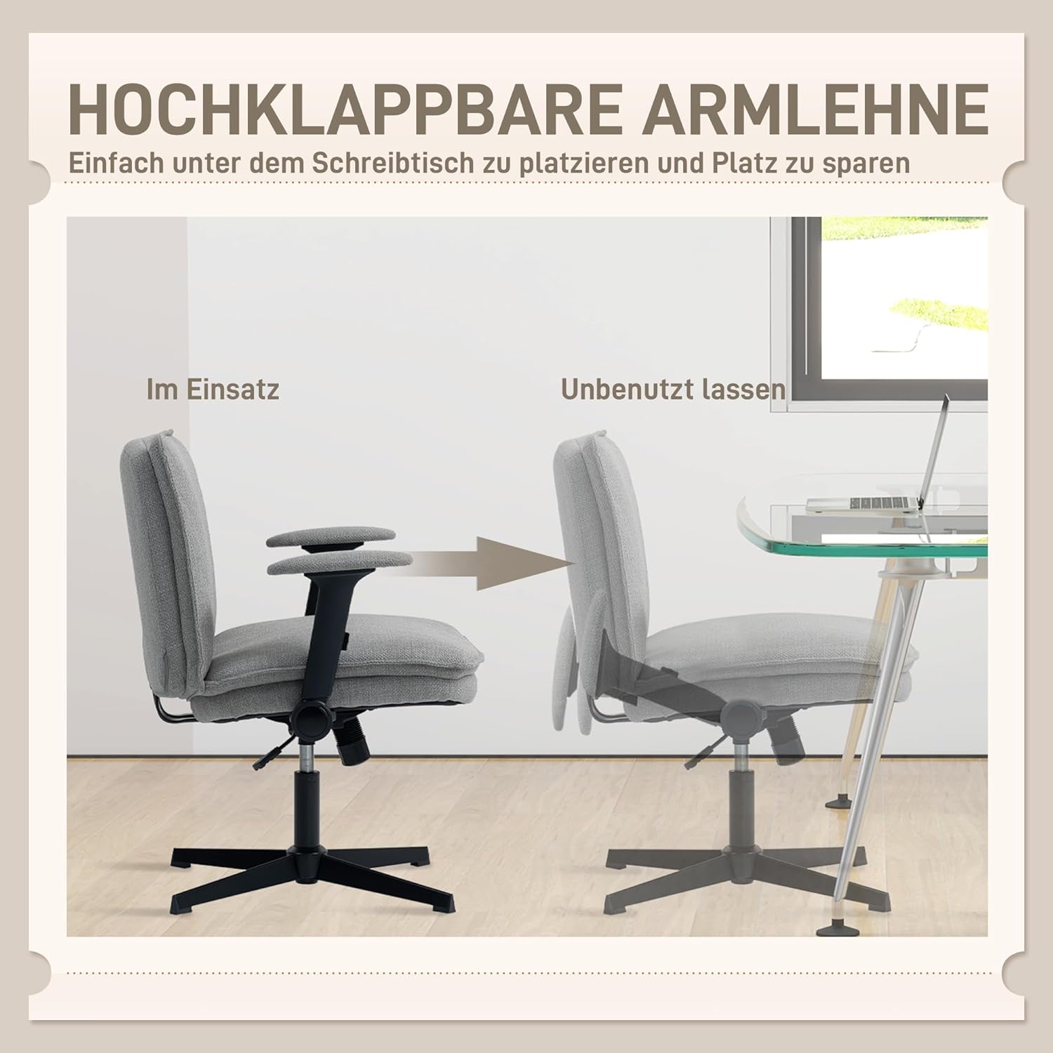 HOMCOM Bürostuhl, Schreibtischstuhl mit klappbaren Armlehnen, breite Sitzfläche, höhenverstellbar, maßgeschneiderter Sitz, Drehstuhl mit Leinenoptik, für Home Office, Grau – Bild 5