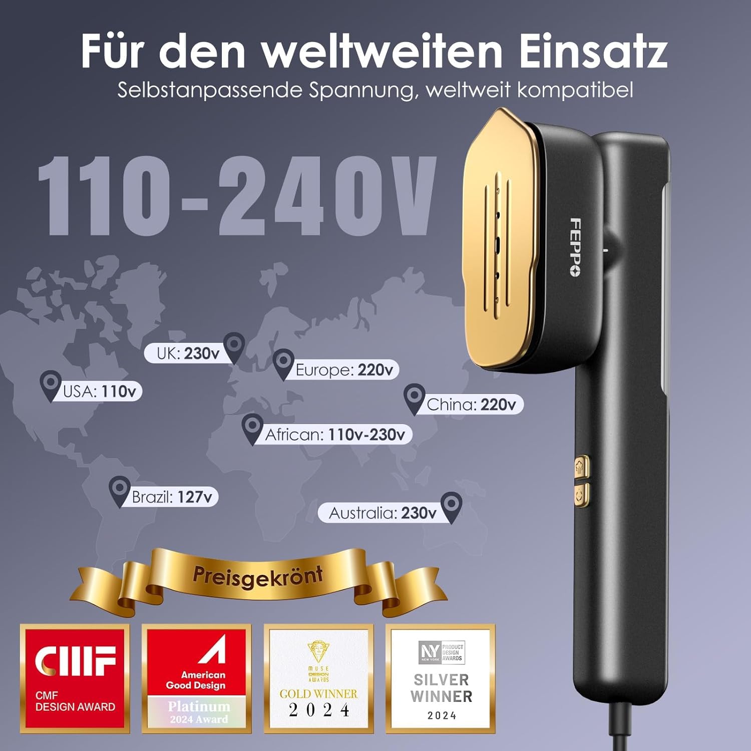 FEPPO Steamer Dampfglätter, 110–240 V Dual-Voltage-Reisedampfer, 2-in-1 tragbarer Handdampfer und Dampfbügeleisen, 15 Sekunden schnelles Aufheizen, 1100 W Dampfbürste für weltweite Reisen und Urlaub – Bild 2