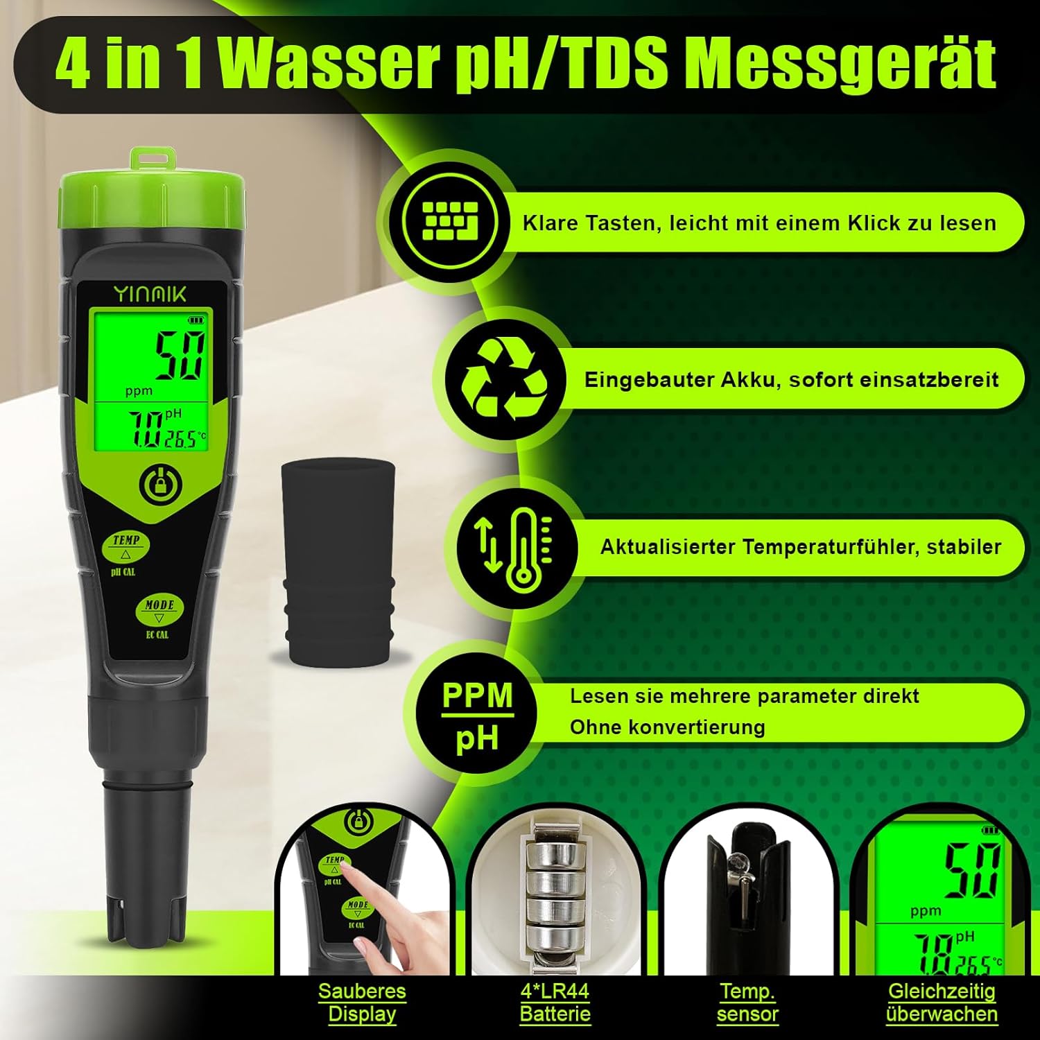 YINMIK pH-EC-Messgerät, Pool-pH-Tester, 4-in-1-Leitfähigkeitsmessgerät, PPM-Tester, gleichzeitige Messung von PH, EC, Temperatur und TDS für Wasser, Aquarium, Bierherstellung, Hydrokultur – Bild 2