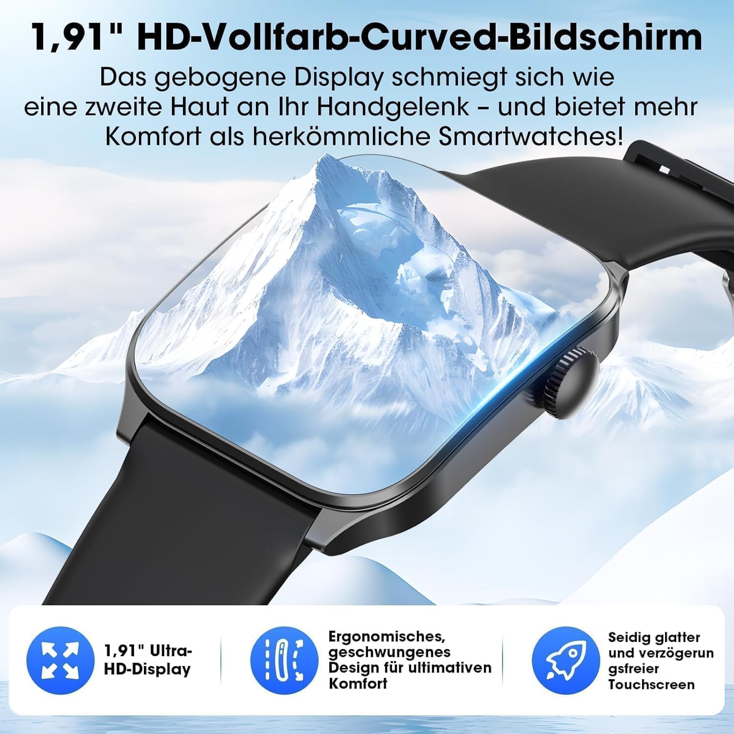 Smartwatch Herren Damen 1,91 Zoll HD Curve Display Smartwatch mit Bluetooth-Anrufen, 100+ Sportmodi, Fitnessuhr mit Herzfrequenz-/Schlafmonitor/Schrittzähler, IP67 wasserdichte Sportuhr für Android iOS – Bild 3