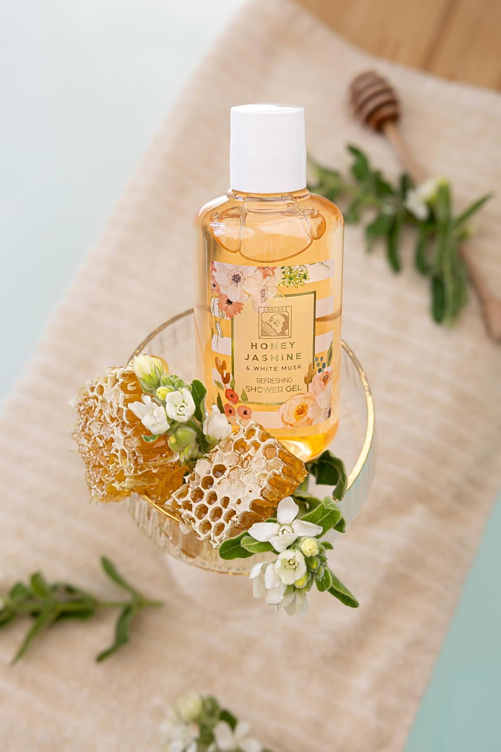 Accentra Honey Jasmine Damen-Duschset in schöner Geschenkbox, 4-teiliges Pflegeset mit Duschgel, Bodylotion, Körperbutter und Mesh-Schwamm, Geschenkset für Geburtstag und Valentinstag – Bild 9