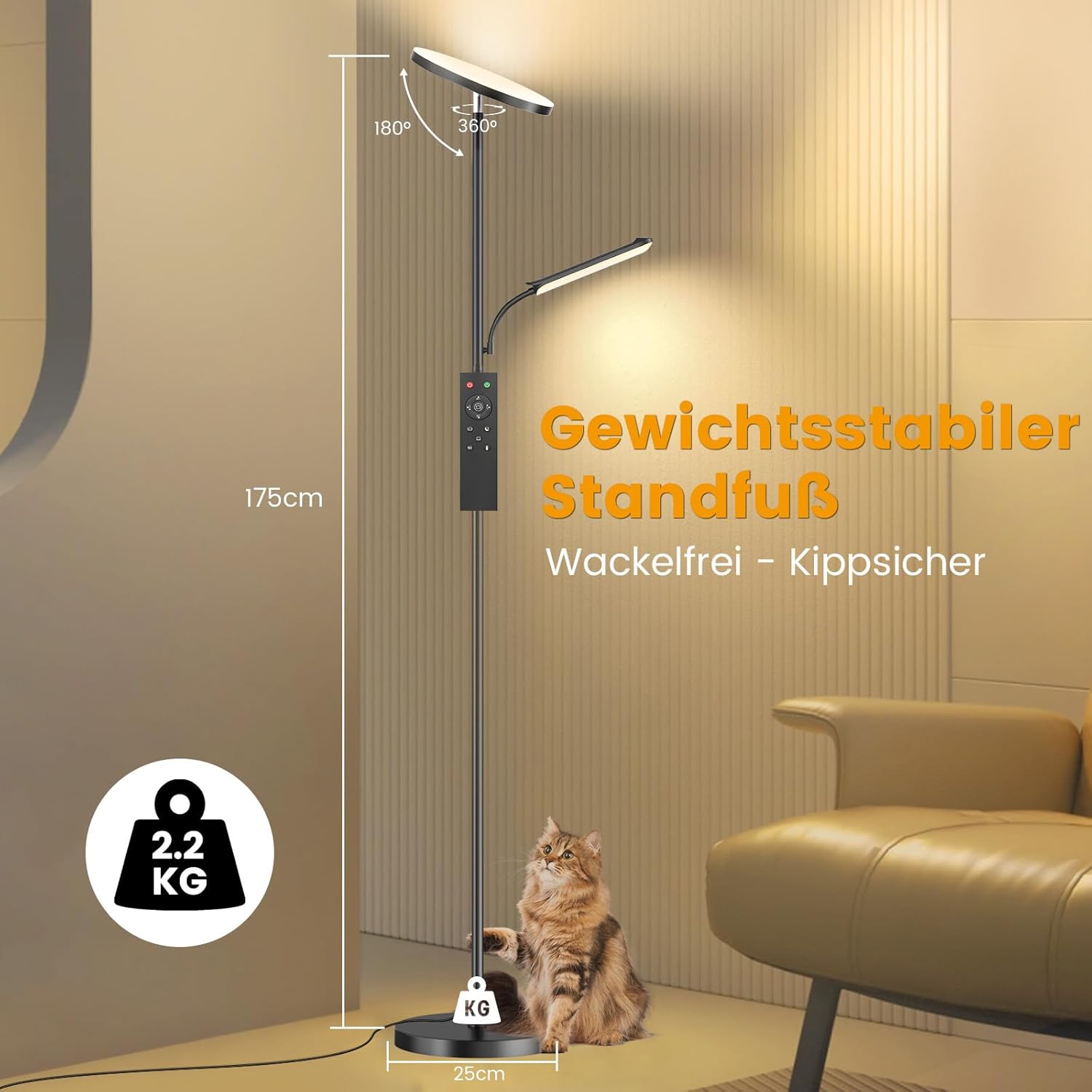 Wohnzimmer Stehlampe, 42W Deckenfluter mit Leselampe, 4200LM LED Stehlampe Dimmbar mit 2700K-6500K Farbtemperatur, Moderne Stehlampe mit Fernbedienung und Touch-Steuerung für Wohnzimmer, Schlafzimmer – Bild 8