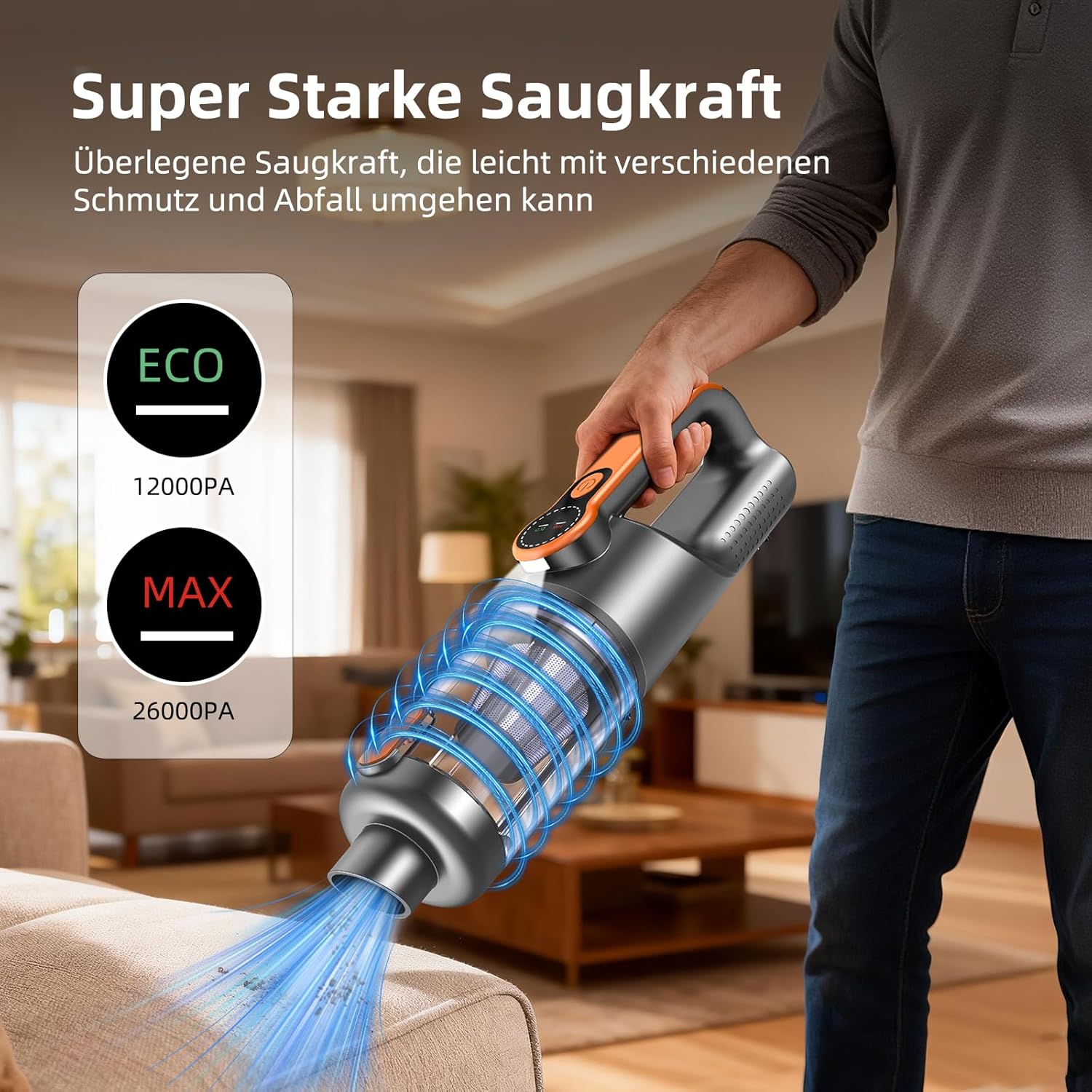 Handstaubsauger, 26000 Pa 4-in-1 Auto Staubsauger Stark, One-Touch Staubentleerung, Bürstenloser Motor, HD Display und LED Beleuchtung, Akku Staubsauger Kabellos für Zuhause/Büro/Auto, Orange – Bild 3